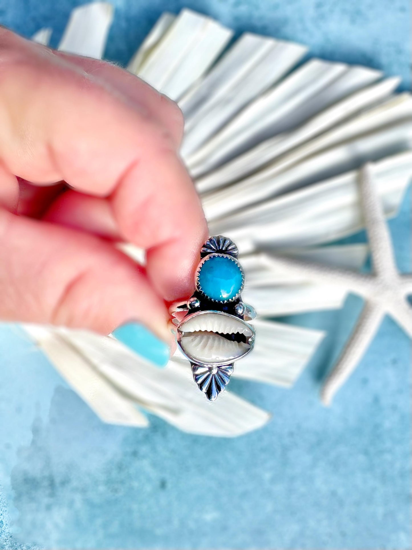 Original Rare Bisbee Turquoise & Cowrie Shell Statement Ring | Goddess Ring | Handmade Sterling Ring | Coastal Talisman | Size 6.5