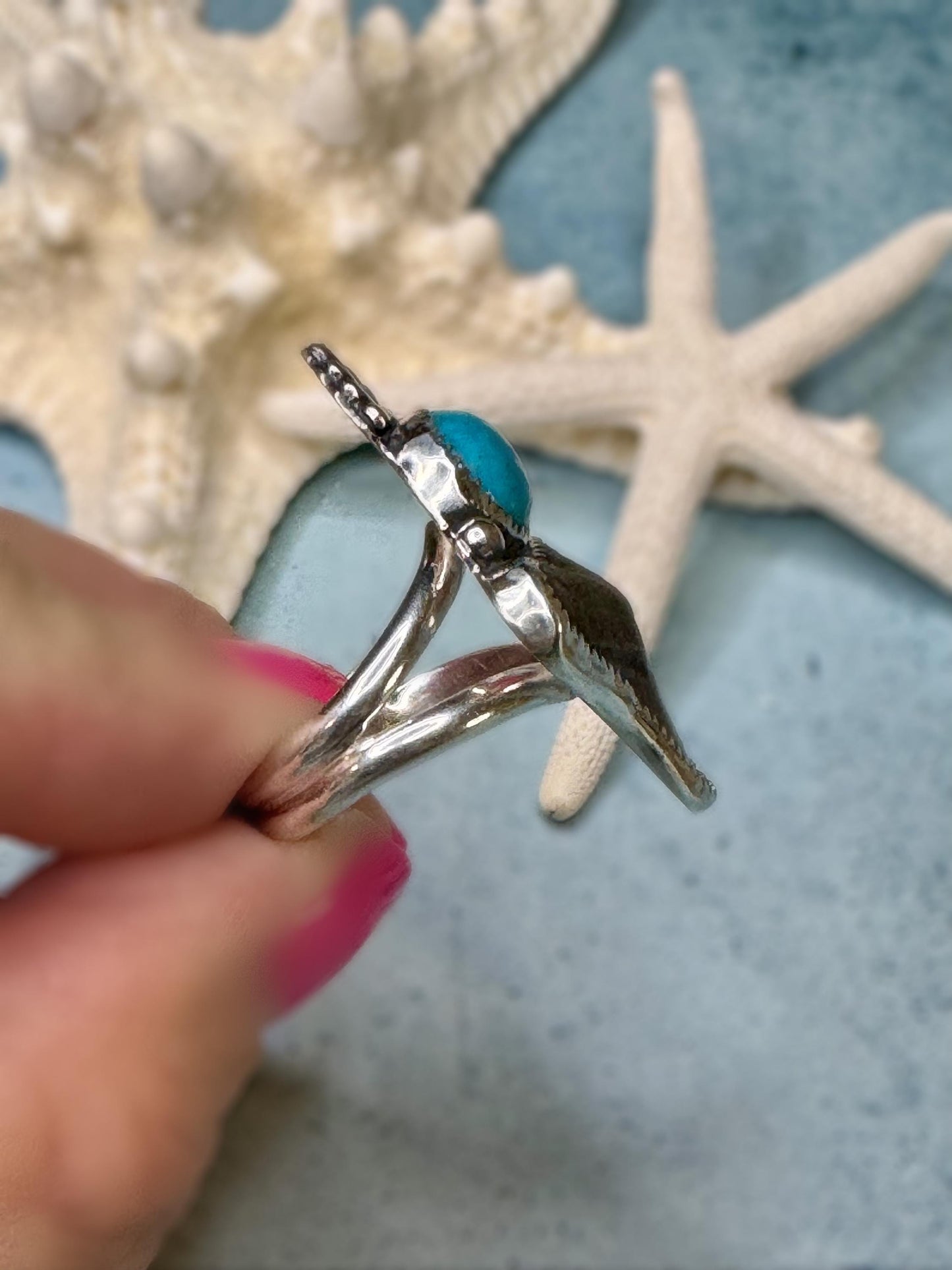 Original Shark Tooth & AZ Turquoise Statement Ring | Ocean Goddess Ring | Sterling Silver Ring | Coastal Talisman Jewelry | Size 8 1/2