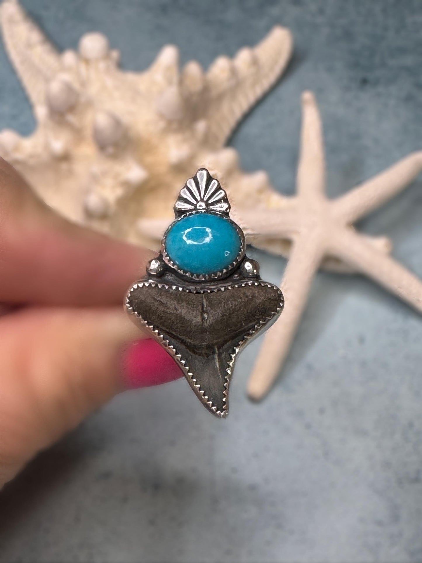 Original Shark Tooth & AZ Turquoise Statement Ring | Ocean Goddess Ring | Sterling Silver Ring | Coastal Talisman Jewelry | Size 8 1/2