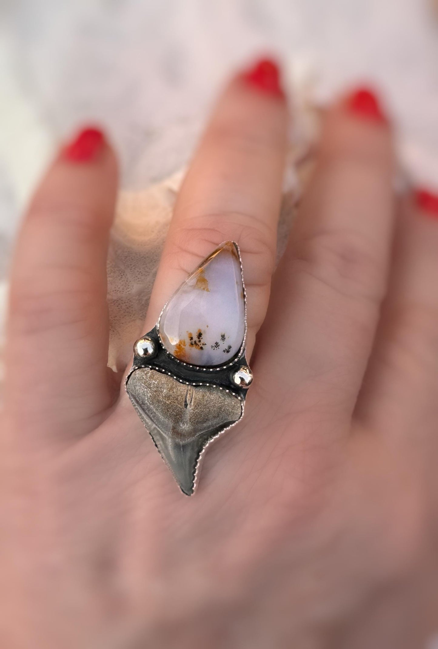 FINISHED TO SIZE Moss Agate and Fossilized Shark Tooth, Sterling Silver, One-of-a-Kind Boho Western Coastal Ring Pendant - Ring or Pendant.