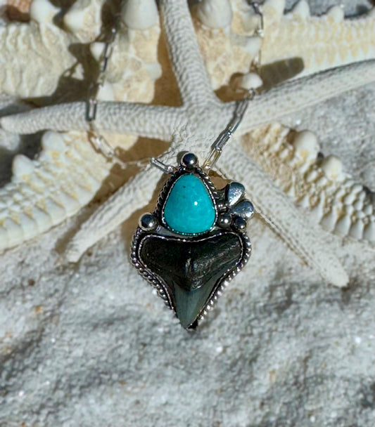 Fossilized Shark Tooth and Bisbee Turquoise Ring or Pendant | Handmade Sterling Silver Statement Jewelry | Custom-Made to Size