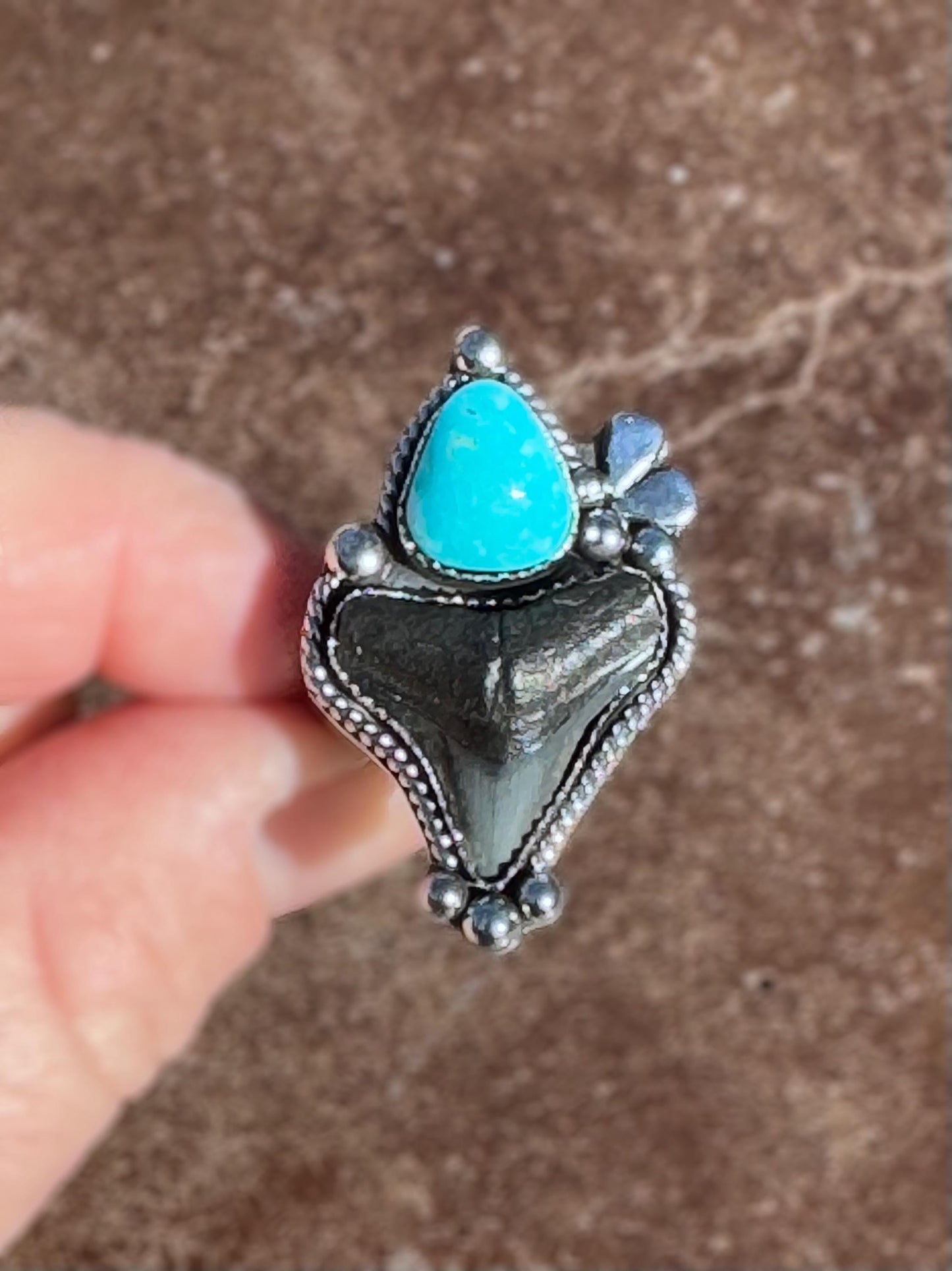 Fossilized Shark Tooth and Bisbee Turquoise Ring or Pendant | Handmade Sterling Silver Statement Jewelry | Custom-Made to Size