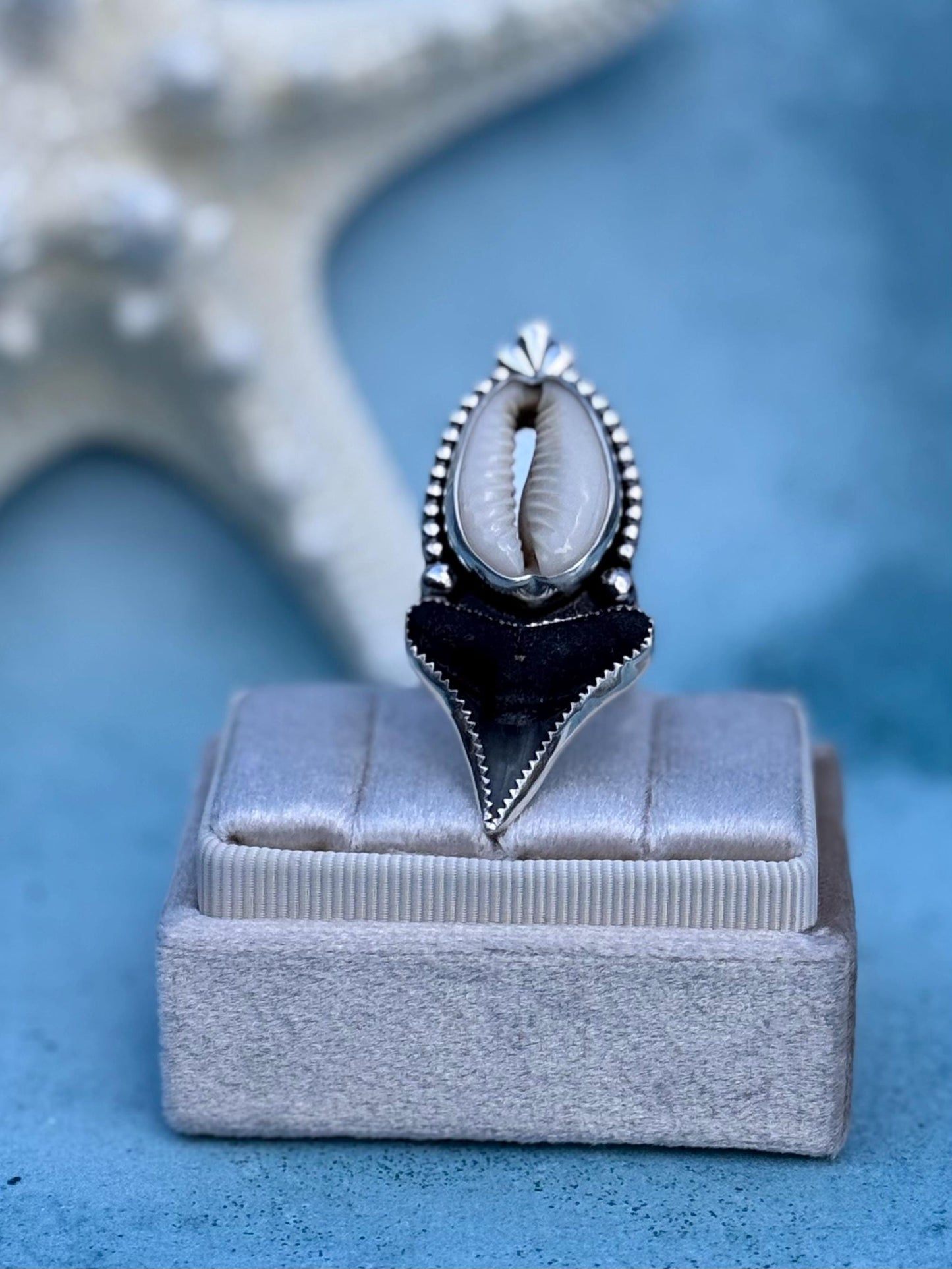 Ocean Goddess Ring | Original Shark Tooth & Cowrie Shell Statement Ring | Sterling Silver | Coastal Talisman Jewelry | Size 8 OOAK Ring