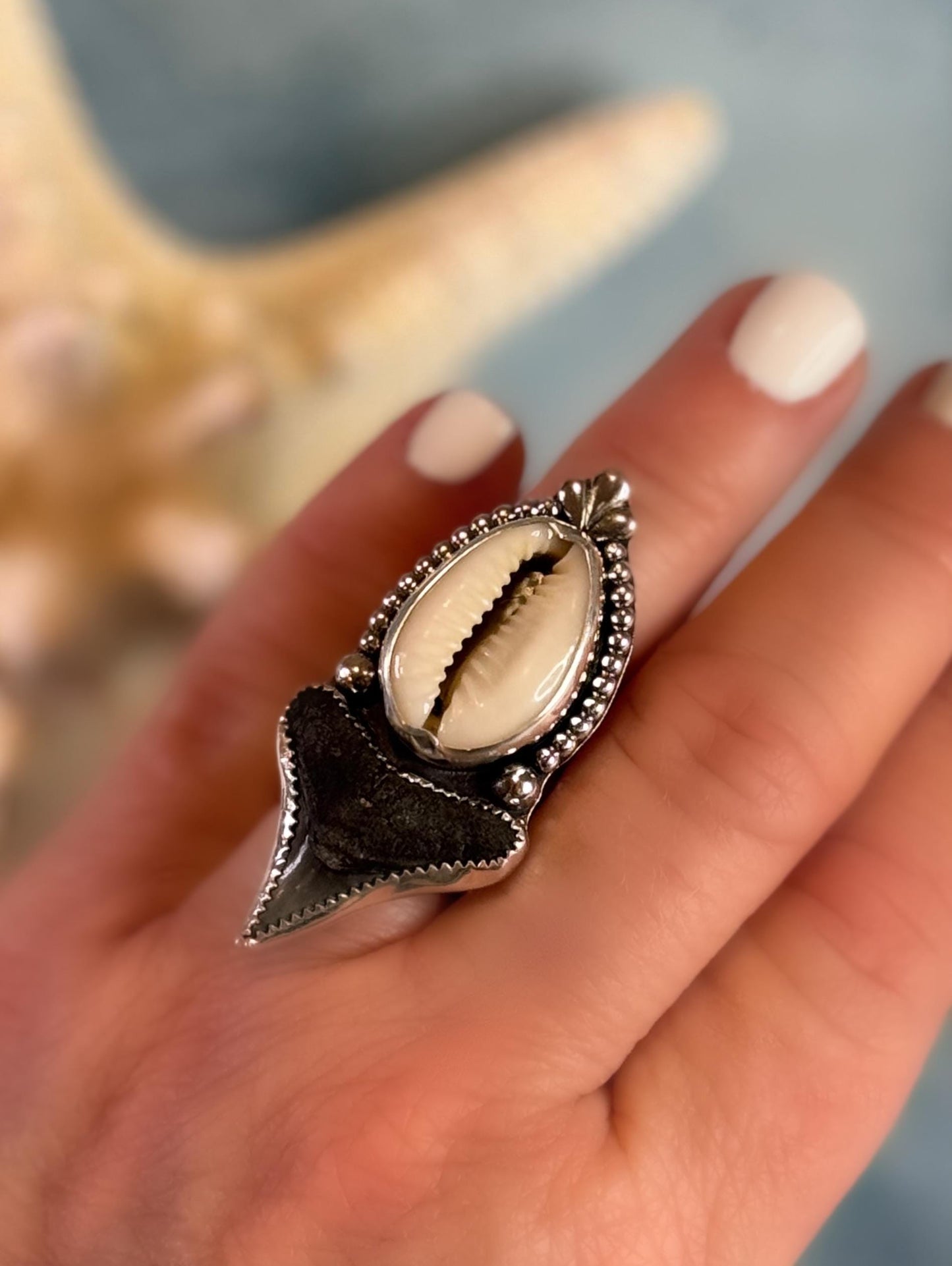 Ocean Goddess Ring | Original Shark Tooth & Cowrie Shell Statement Ring | Sterling Silver | Coastal Talisman Jewelry | Size 8 OOAK Ring