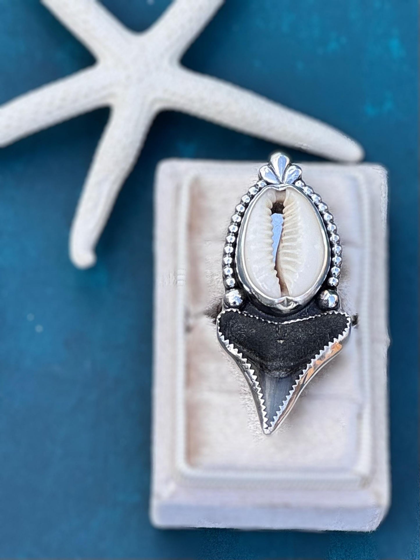 Ocean Goddess Ring | Original Shark Tooth & Cowrie Shell Statement Ring | Sterling Silver | Coastal Talisman Jewelry | Size 8 OOAK Ring