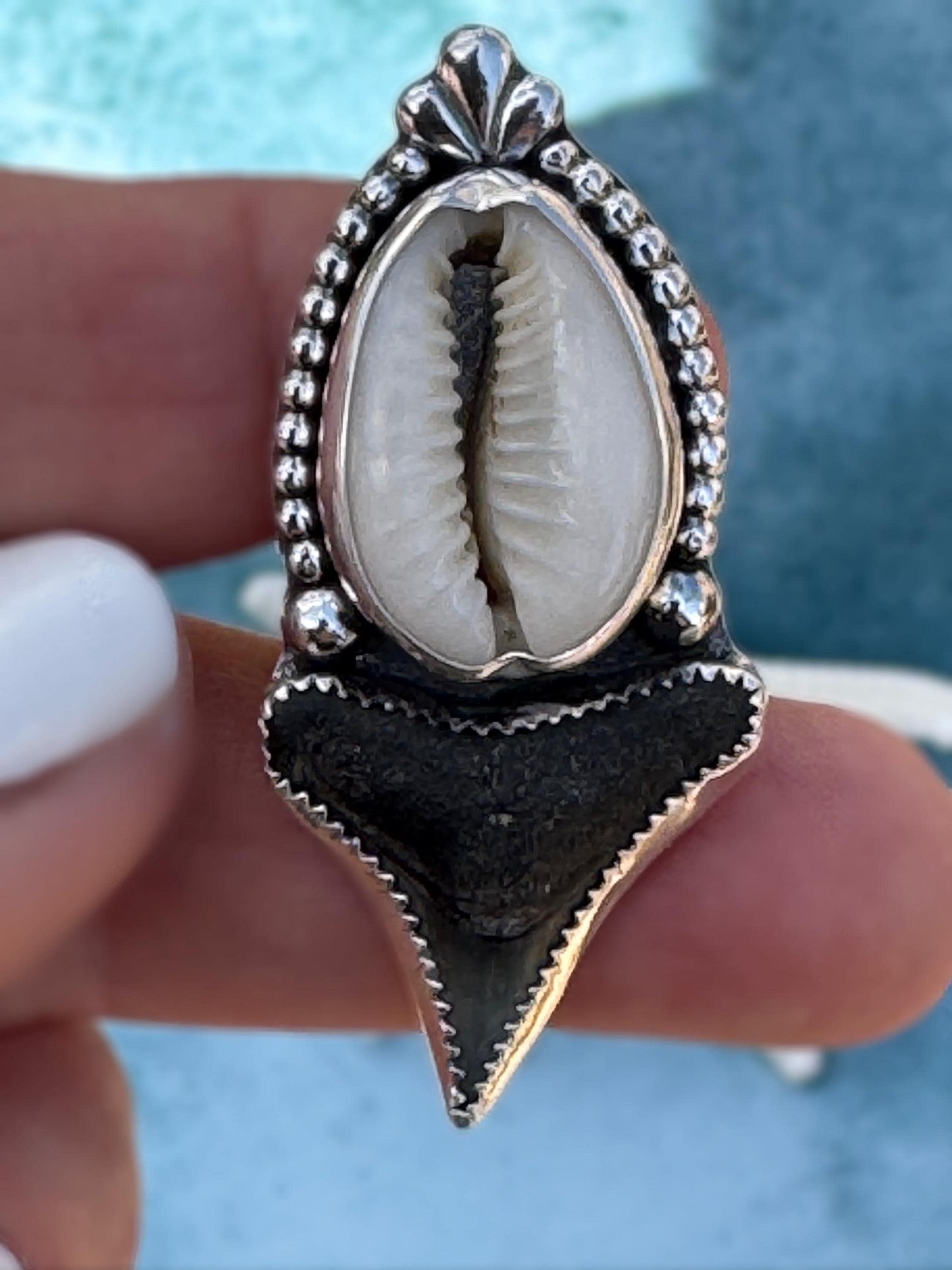 Ocean Goddess Ring | Original Shark Tooth & Cowrie Shell Statement Ring | Sterling Silver | Coastal Talisman Jewelry | Size 8 OOAK Ring