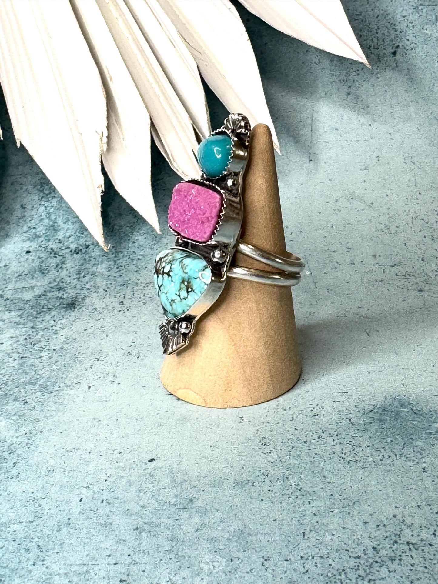 Pink Cobalto Calcite Druzy, Blue Moon, Arizona Turquoise Ring | Fine & Sterling Silver Statement Ring | OOAK Finished to Size, Boho Jewelry
