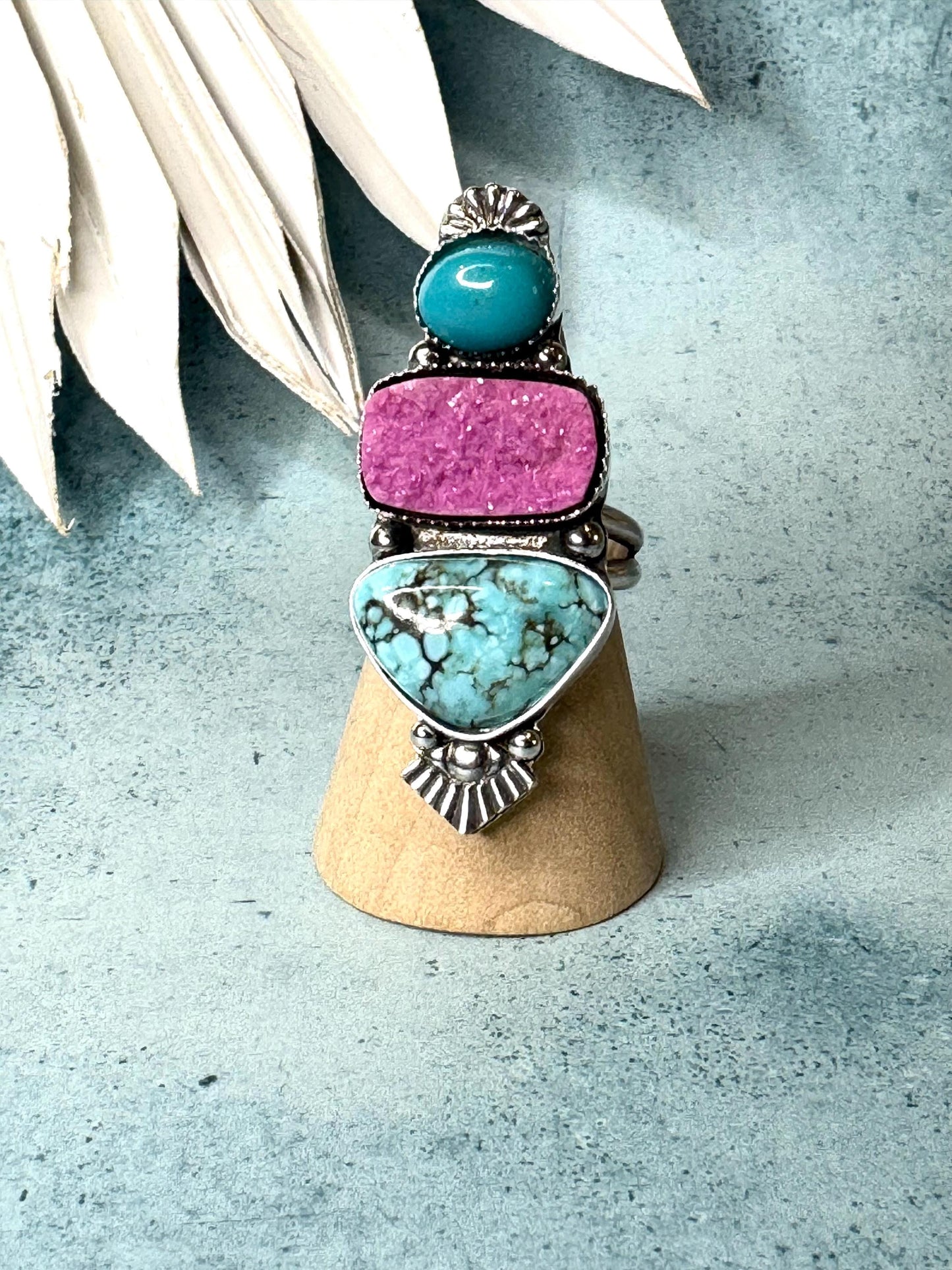 Pink Cobalto Calcite Druzy, Blue Moon, Arizona Turquoise Ring | Fine & Sterling Silver Statement Ring | OOAK Finished to Size, Boho Jewelry