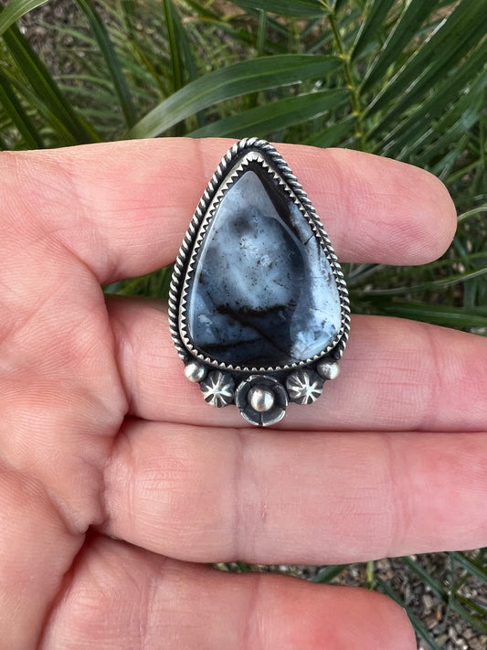 Black and White Dendritic Opal Ring in Fine and Sterling Silver - Size 8.5 Handcrafted, Stamped, Triple Shank Band
