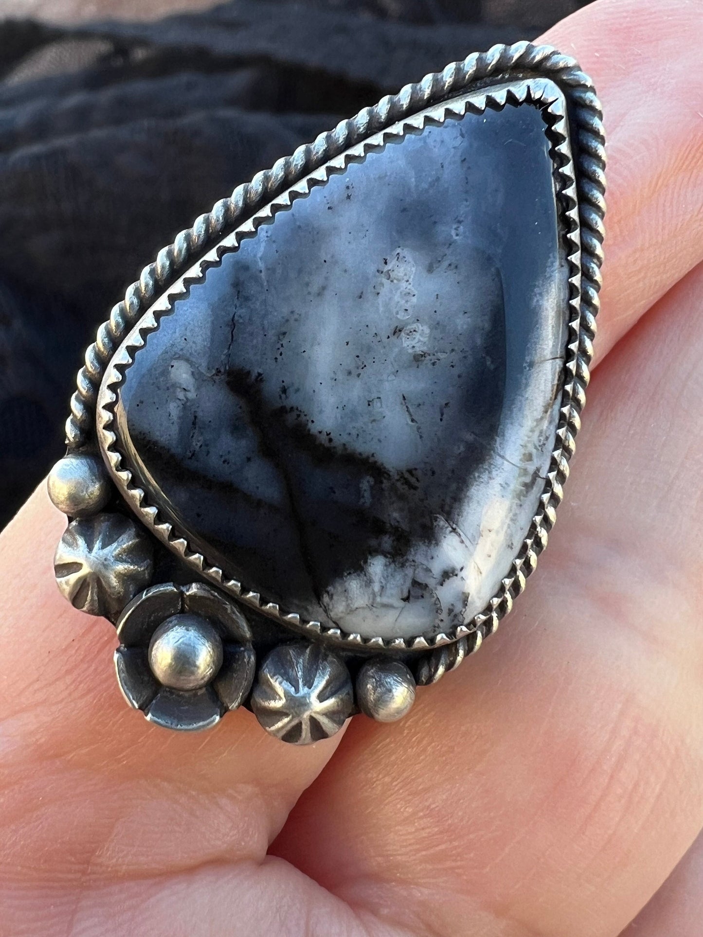 Black and White Dendritic Opal Ring in Fine and Sterling Silver - Size 8.5 Handcrafted, Stamped, Triple Shank Band