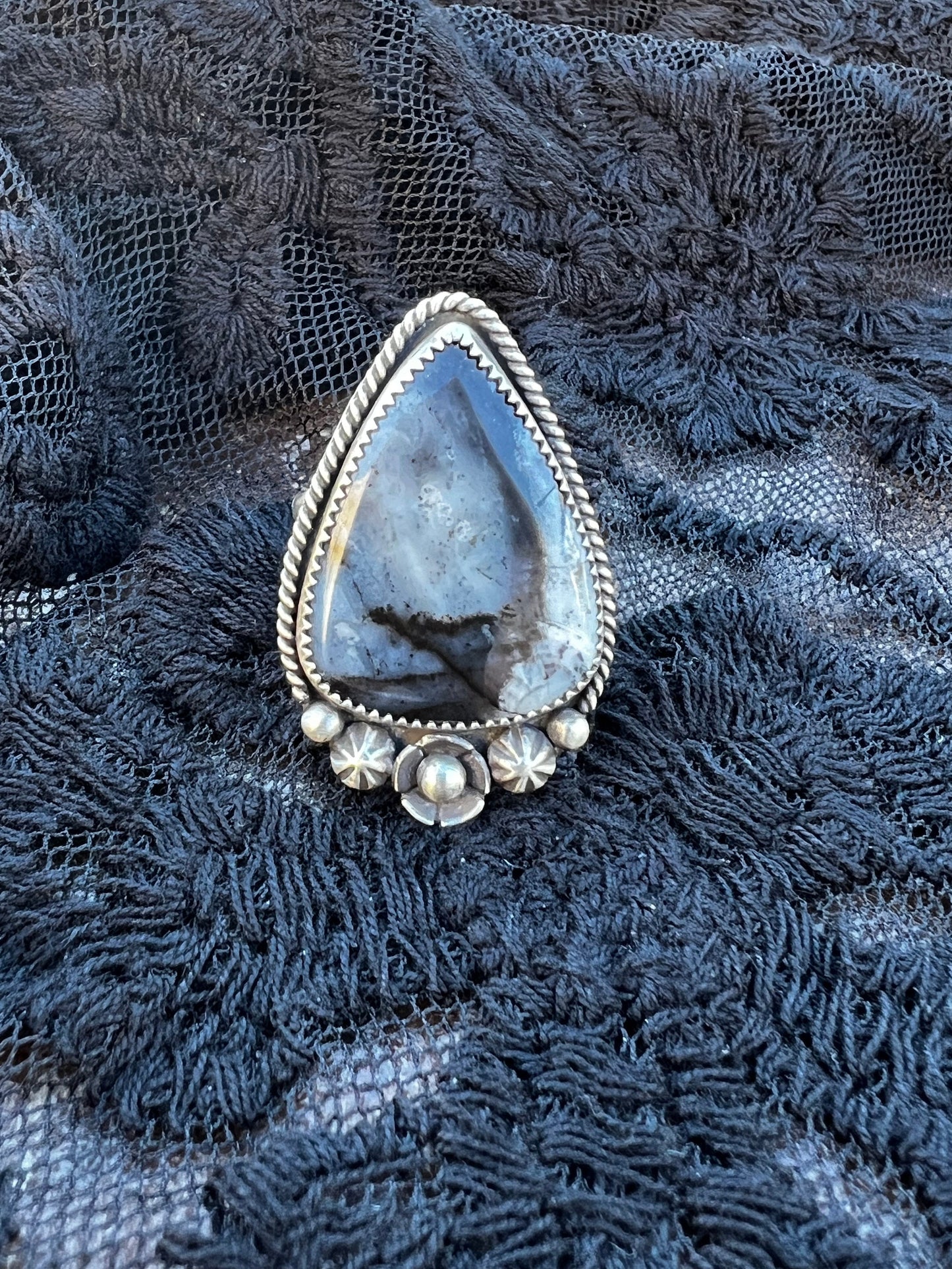 Black and White Dendritic Opal Ring in Fine and Sterling Silver - Size 8.5 Handcrafted, Stamped, Triple Shank Band