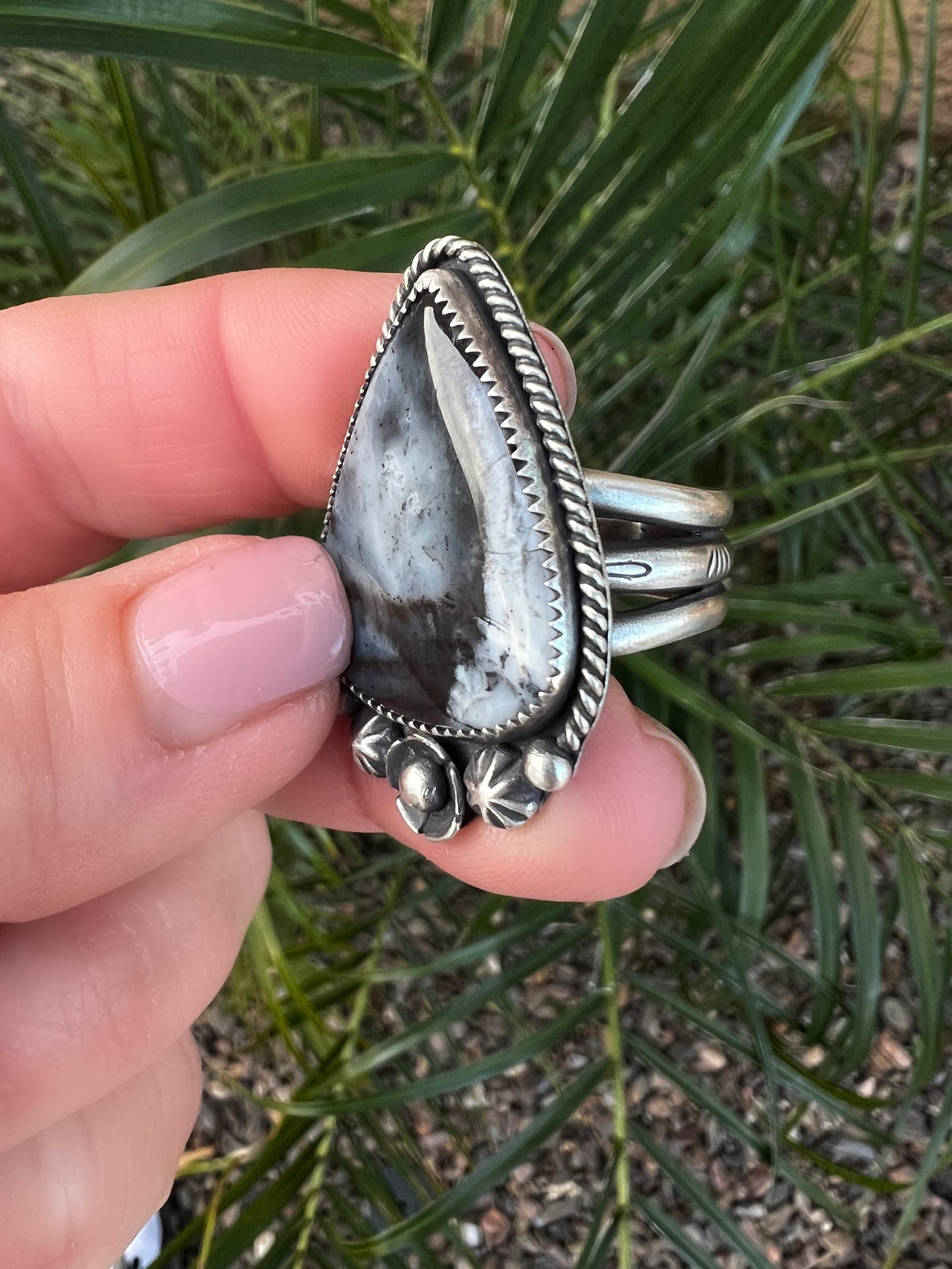 Black and White Dendritic Opal Ring in Fine and Sterling Silver - Size 8.5 Handcrafted, Stamped, Triple Shank Band