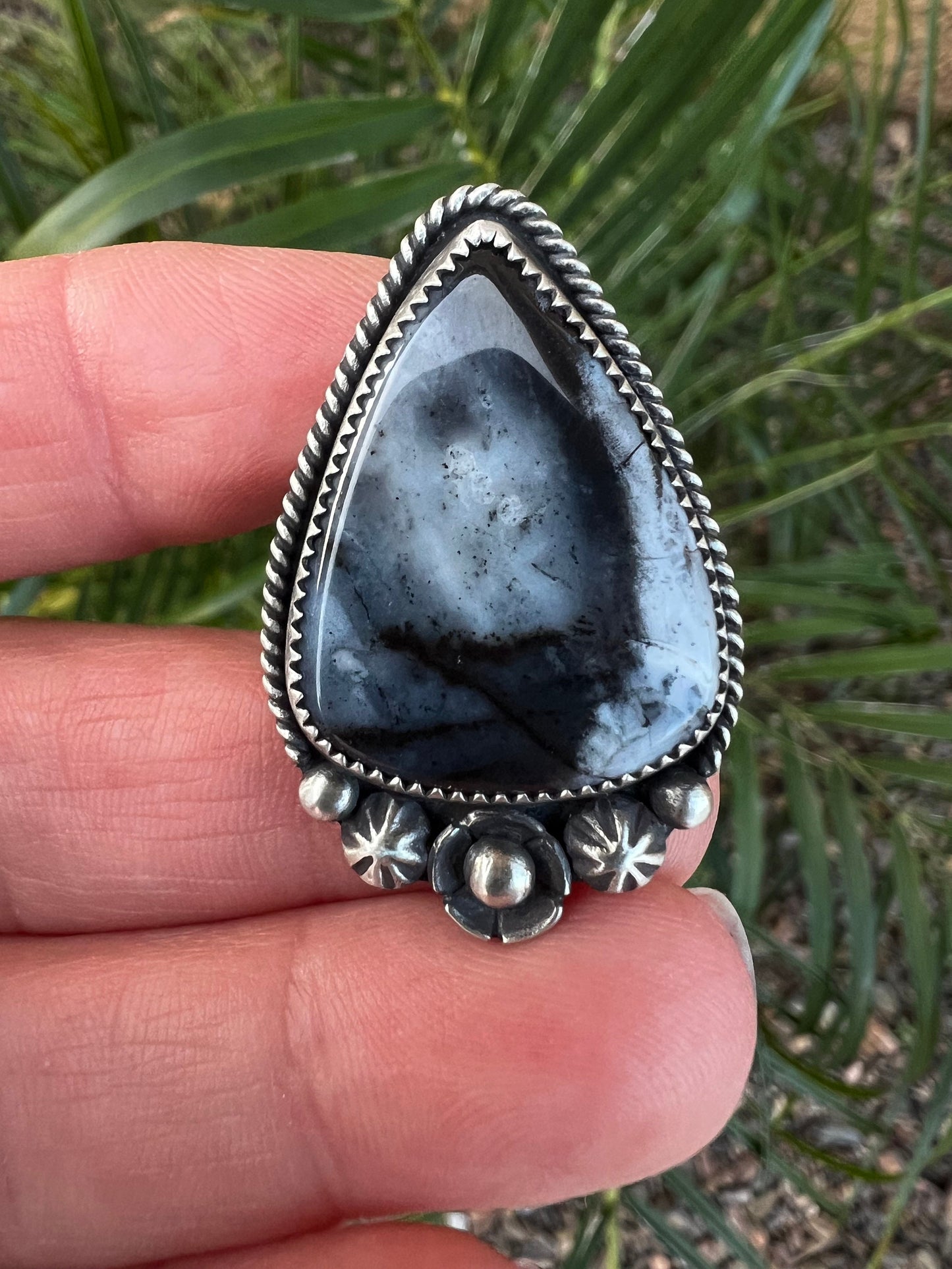 Black and White Dendritic Opal Ring in Fine and Sterling Silver - Size 8.5 Handcrafted, Stamped, Triple Shank Band