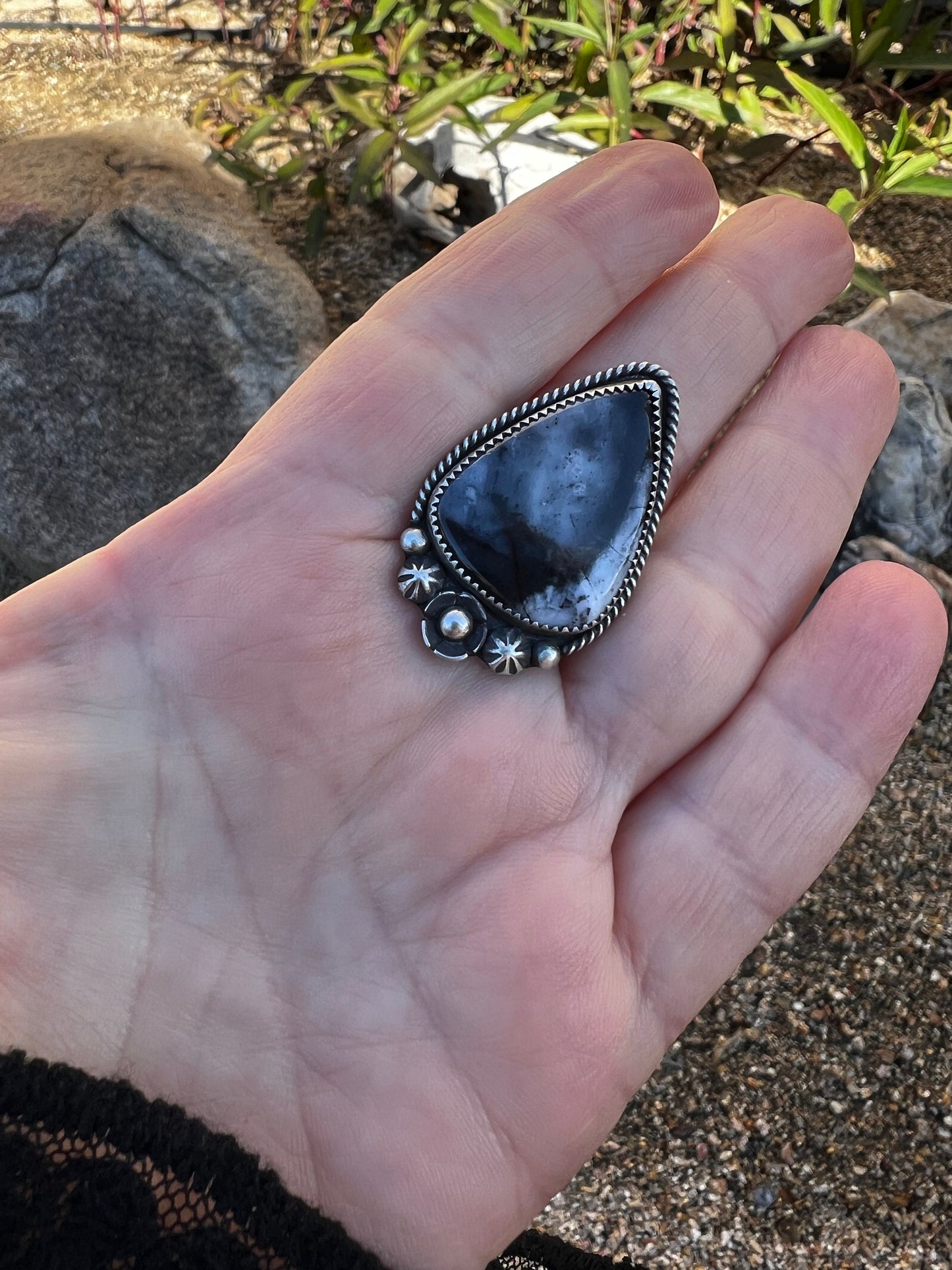 Black and White Dendritic Opal Ring in Fine and Sterling Silver - Size 8.5 Handcrafted, Stamped, Triple Shank Band