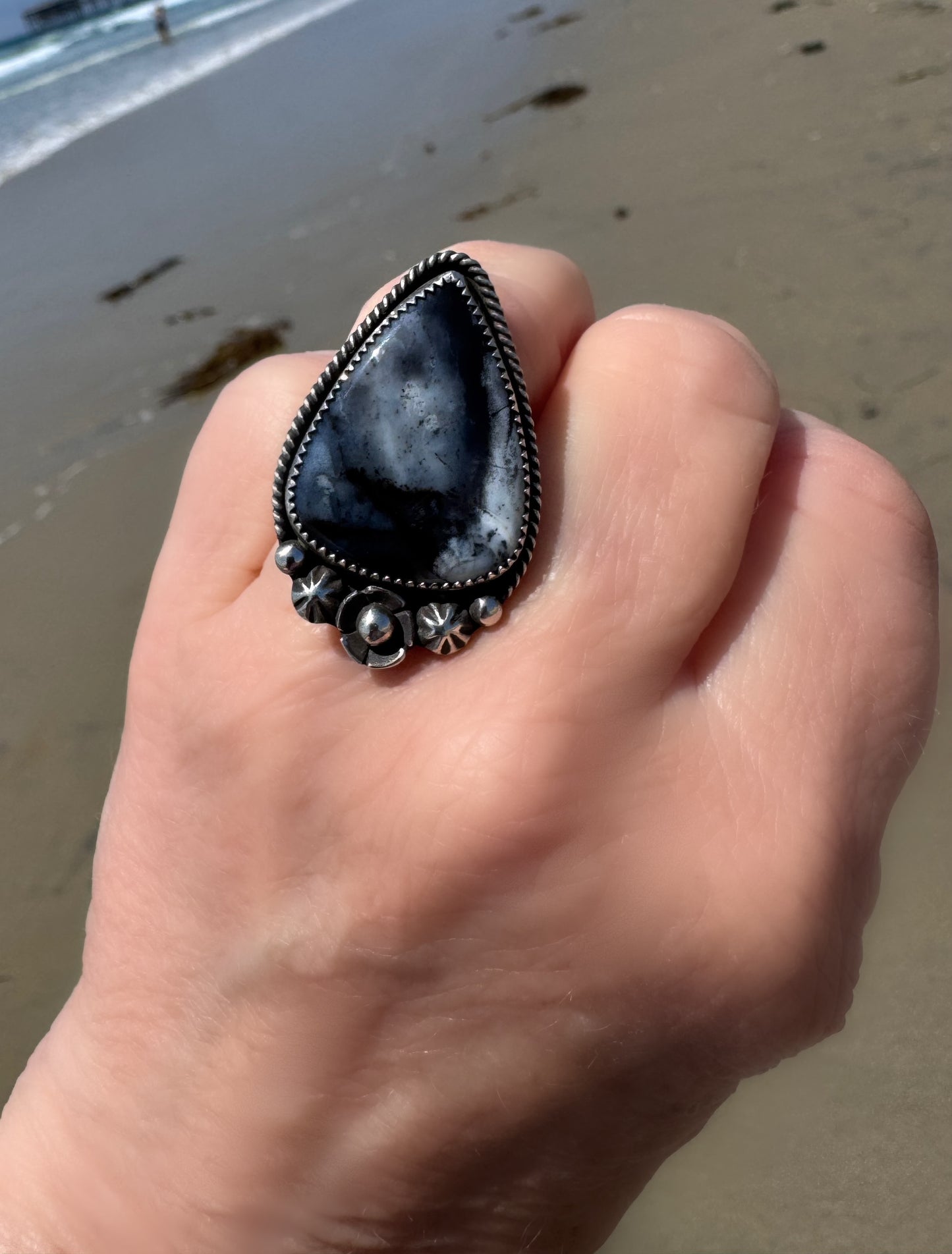 Black and White Dendritic Opal Ring in Fine and Sterling Silver - Size 8.5 Handcrafted, Stamped, Triple Shank Band - Sun Salt Silver