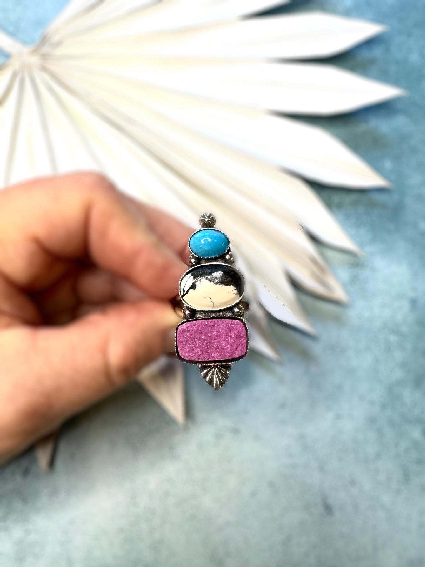 Pink Cobalto Calcite Druzy, White Buffalo, AZ Turquoise Ring | Bold Sterling Silver Statement Ring | OOAK Stacked Gemstone Boho Jewelry