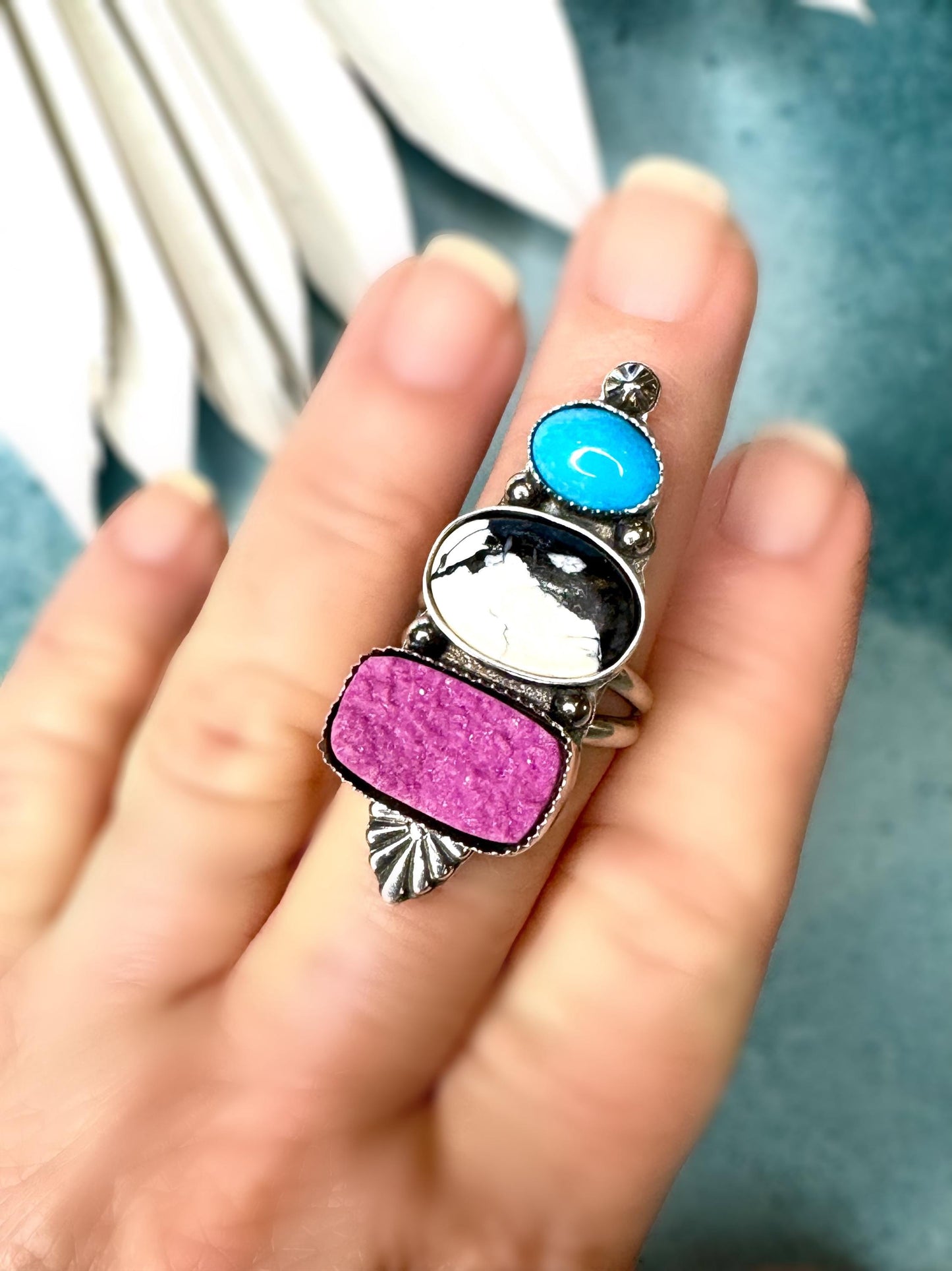 Pink Cobalto Calcite Druzy, White Buffalo, AZ Turquoise Ring | Bold Sterling Silver Statement Ring | OOAK Stacked Gemstone Boho Jewelry