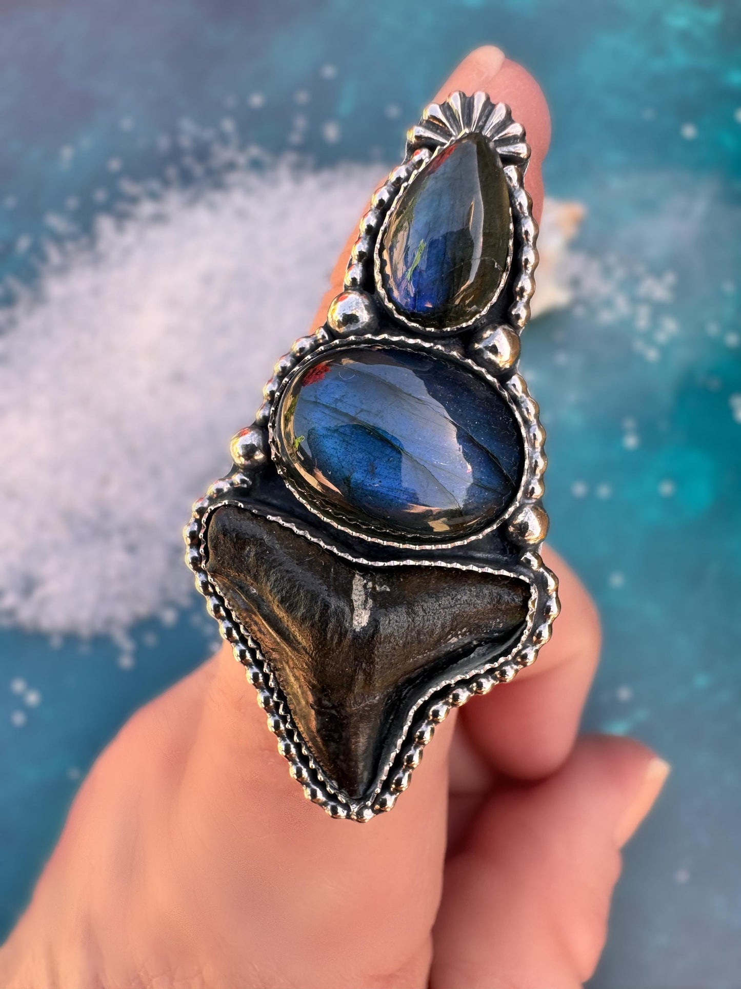 Shark Tooth & Labradorite Ring | Sterling Silver Statement Ring | Fossil Jewelry | Mystic Ocean Jewelry | Finished to Size