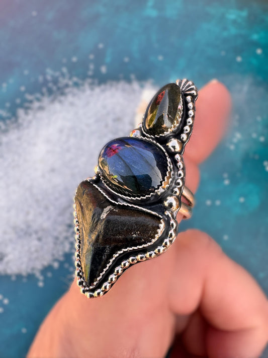 Shark Tooth & Labradorite Ring | Sterling Silver Statement Ring | Fossil Jewelry | Mystic Ocean Jewelry | Finished to Size