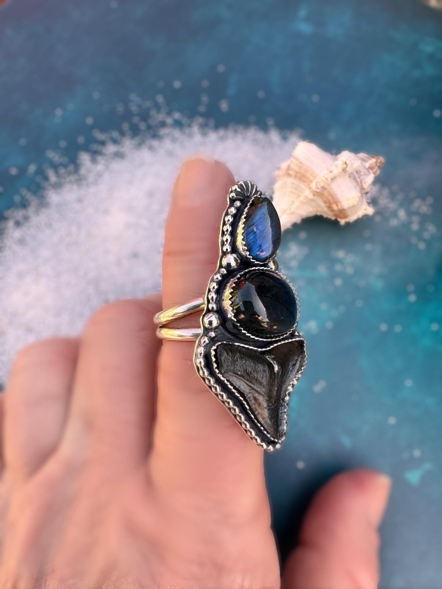 Shark Tooth & Labradorite Ring | Sterling Silver Statement Ring | Fossil Jewelry | Mystic Ocean Jewelry | Finished to Size