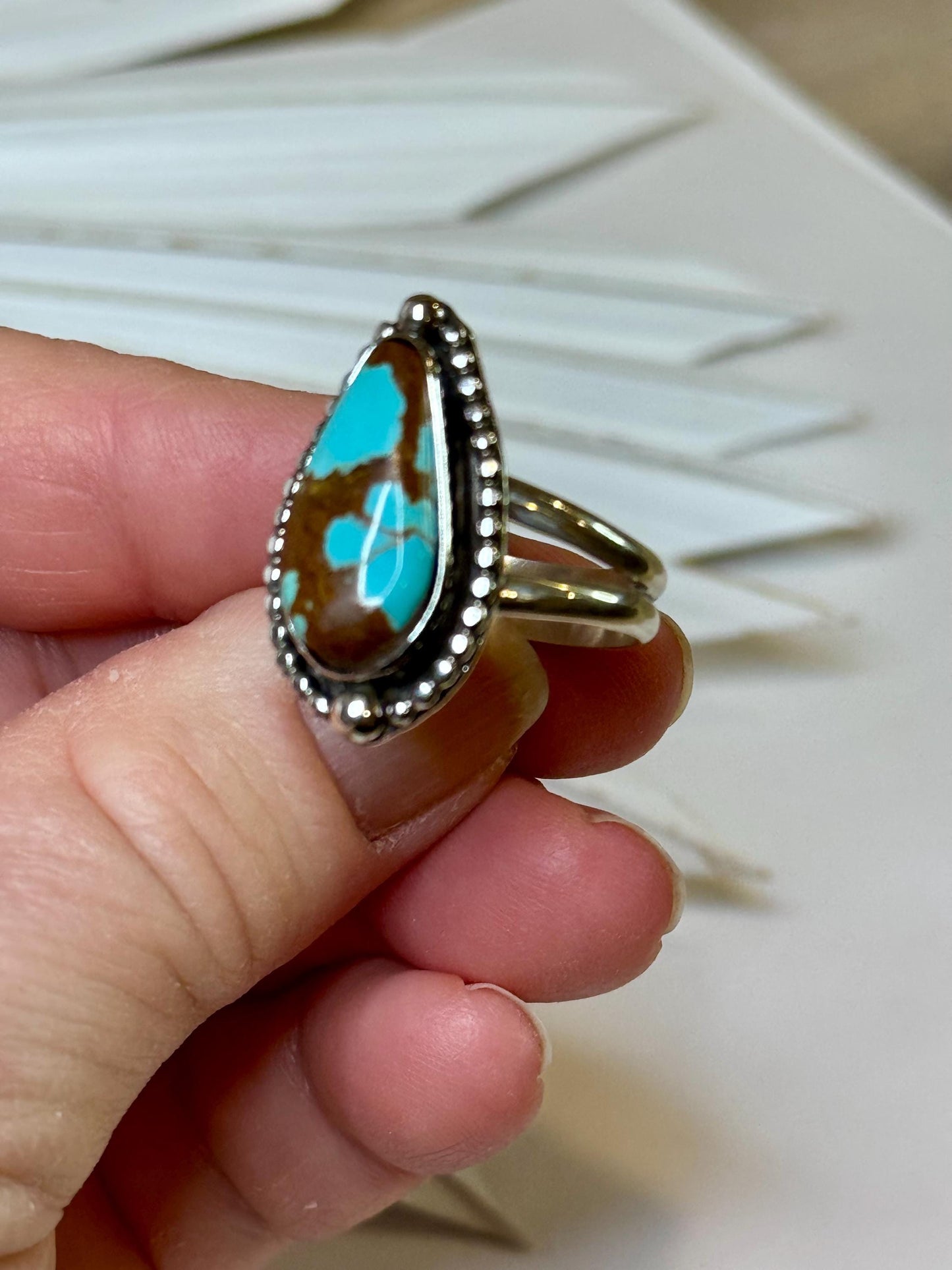 Sierra No. 8 Turquoise Ring | Sterling Silver Statement Jewelry | Finished to Size with Bead Wire Halo and Bubble Accents