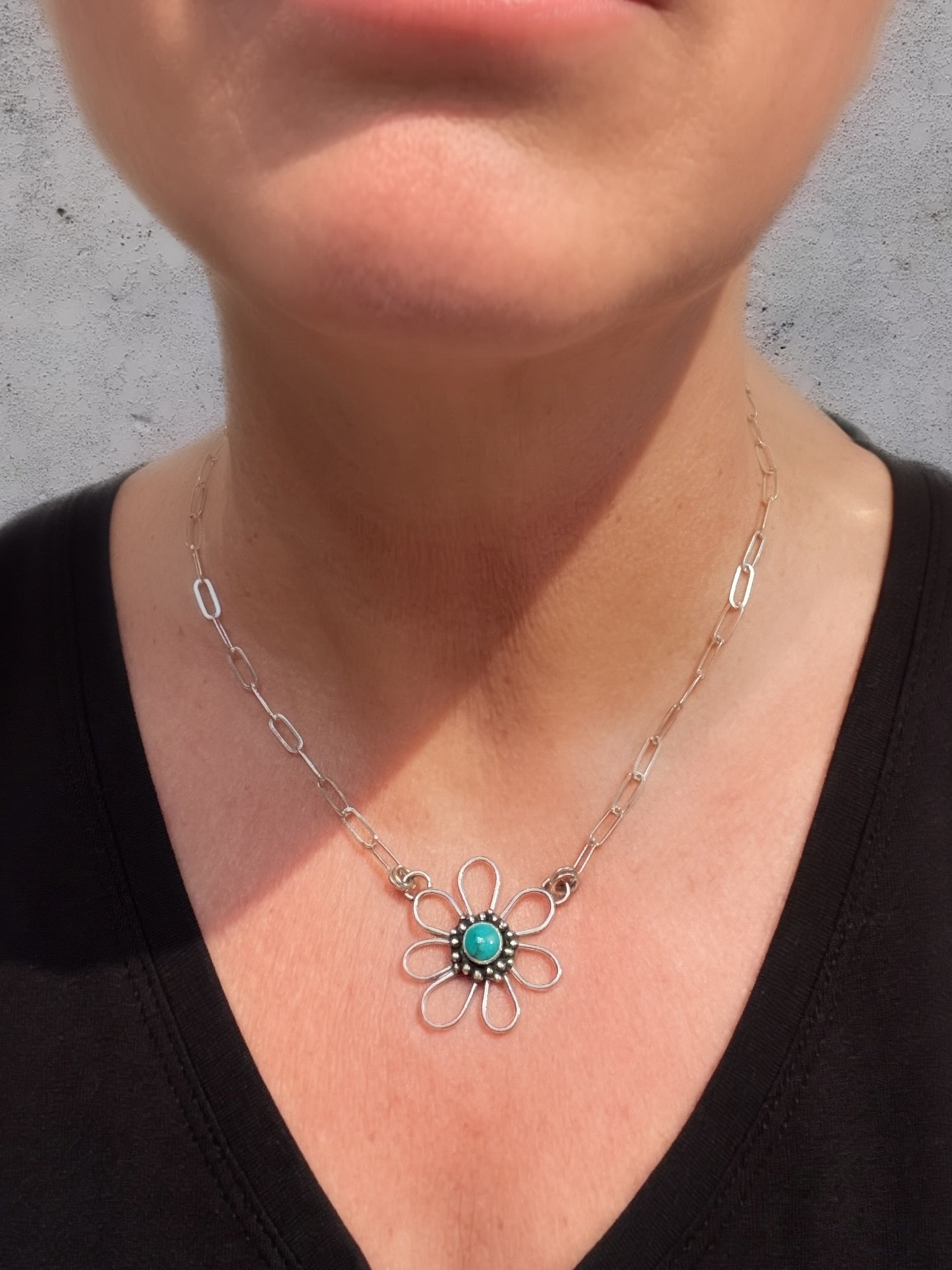 Sleeping Beauty turquoise daisy necklace in hand-fabricated sterling silver, 17.5 inch paperclip chain, Sun Salt Silver
