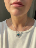 Sleeping Beauty turquoise daisy necklace in hand-fabricated sterling silver, 17.5 inch paperclip chain, Sun Salt Silver