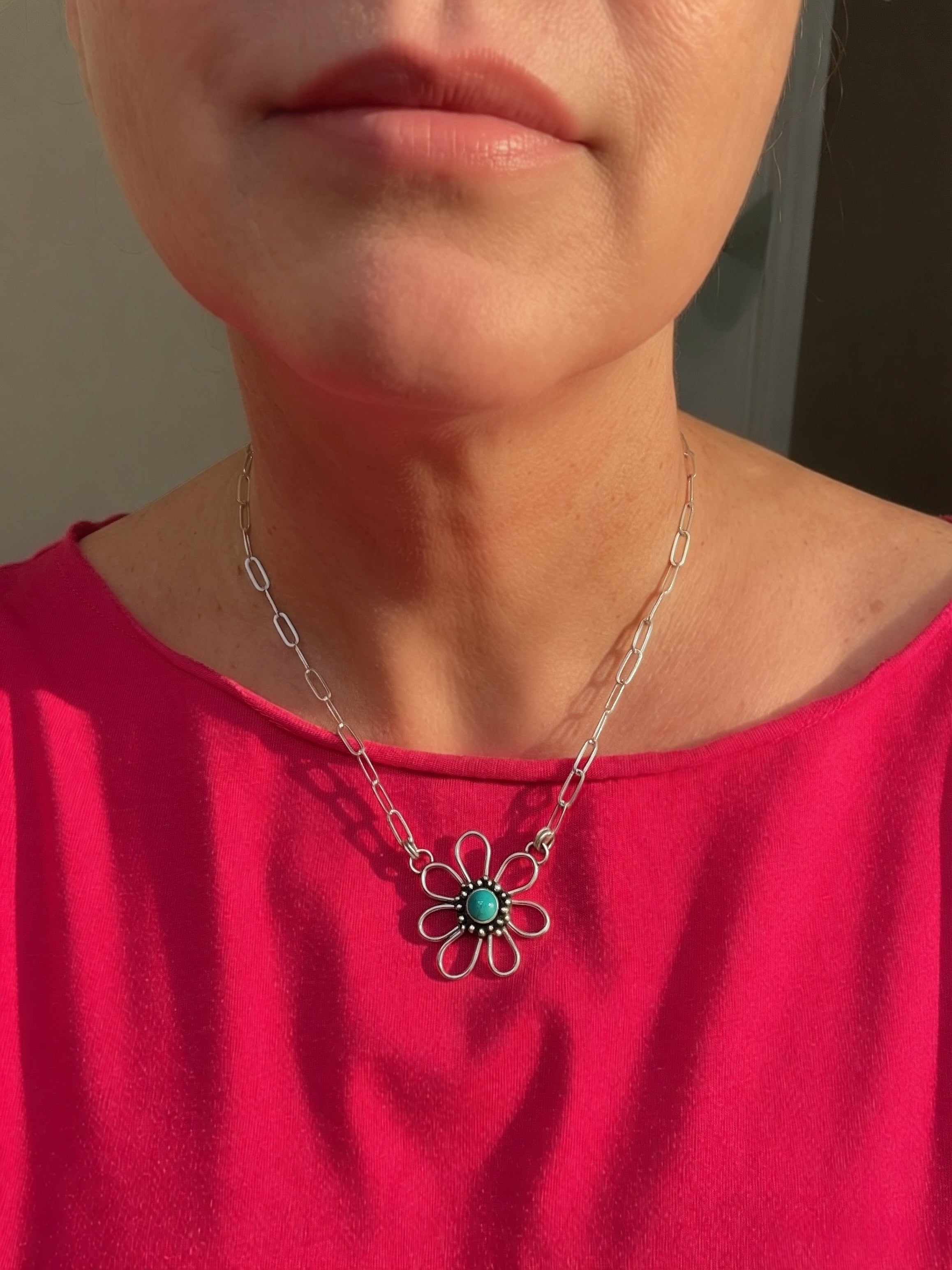 Sleeping Beauty turquoise daisy necklace in hand-fabricated sterling silver, 17.5 inch paperclip chain, Sun Salt Silver