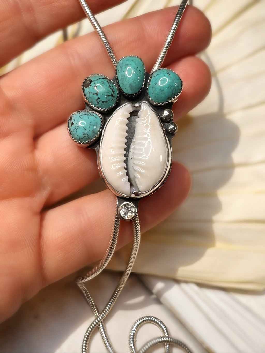 Turquoise, Cowrie Shell and Topaz Bolo | Sterling Silver Statement Bolo Necklace