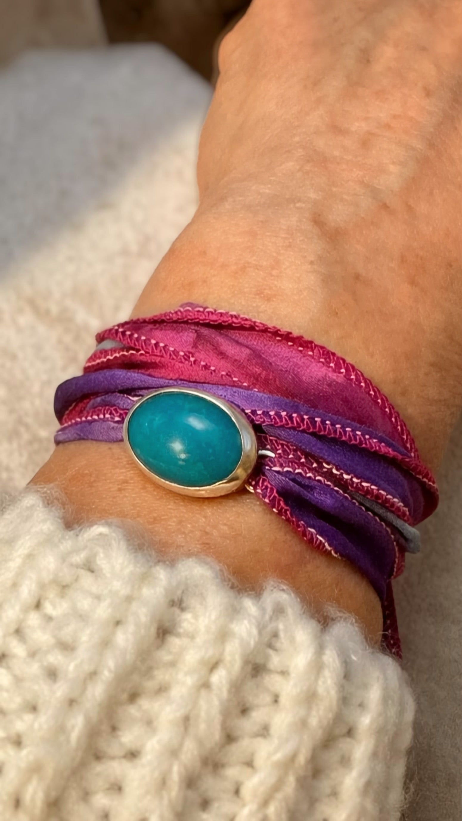 Arizona turquoise silk wrap bracelet in fine and sterling silver on 36 inch ribbon.