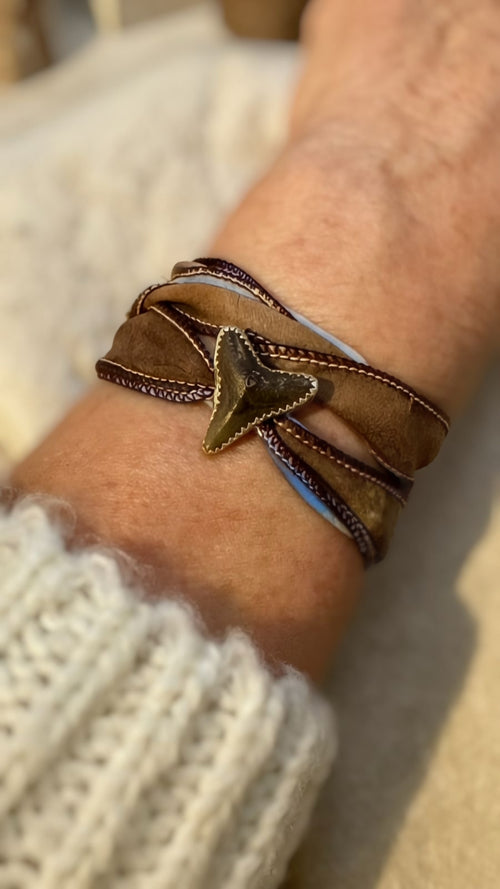 Horizontal Fossil Shark Tooth silk wrap bracelet in fine and sterling silver on hand-dyed silk ribbon.