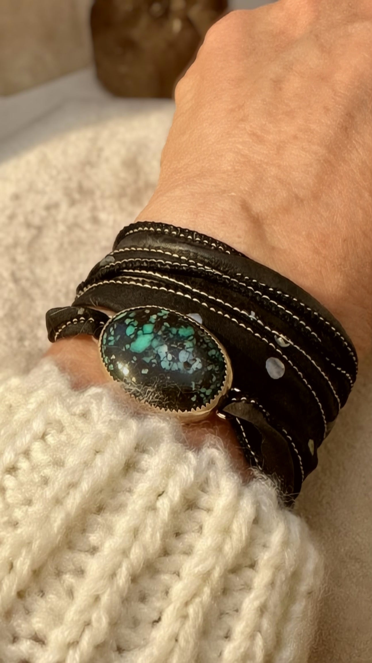 Carico Lake turquoise silk wrap bracelet in fine and sterling silver on silk ribbon.