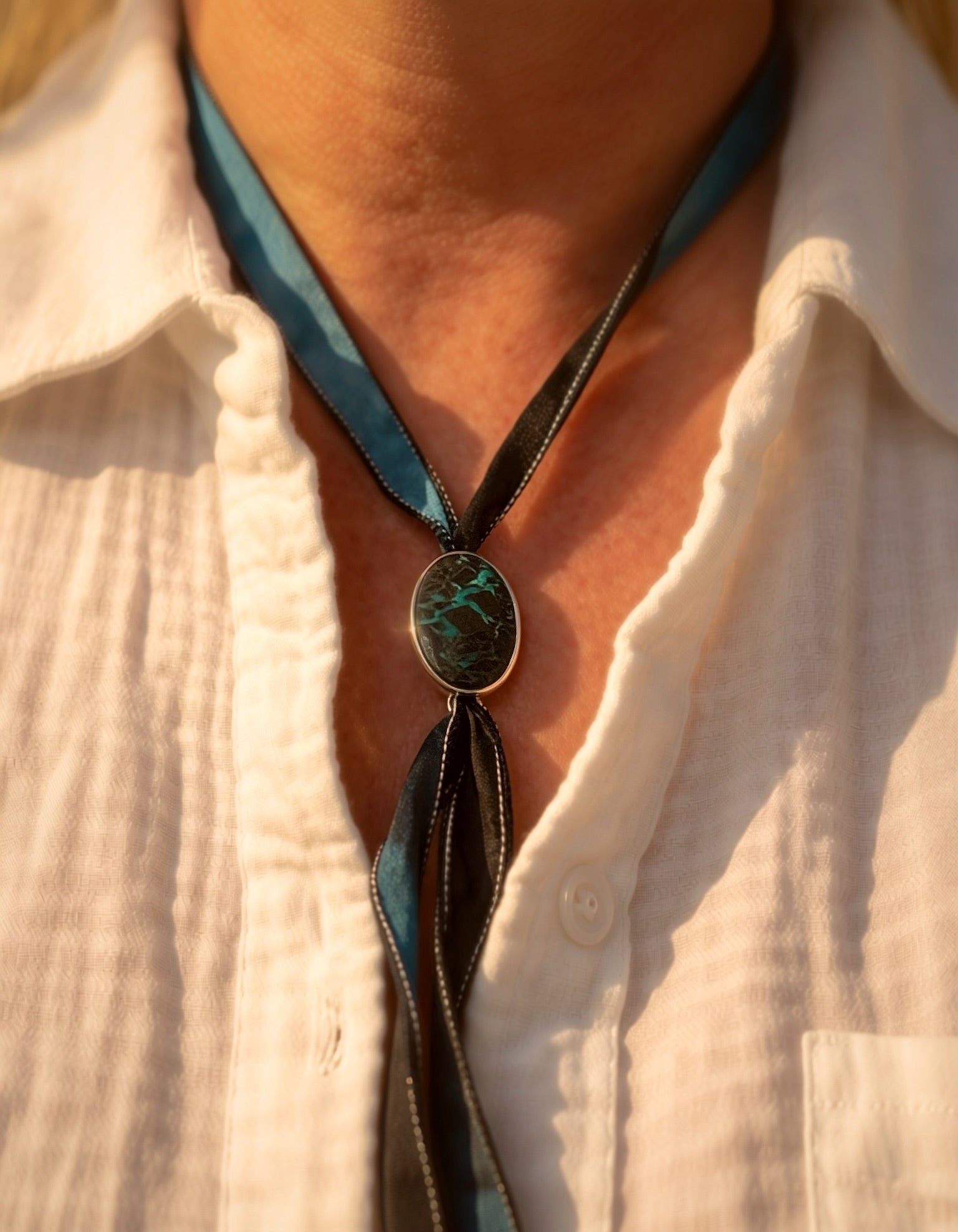 Handmade Stone & Silk Wrap | Sterling Silver Handmade Multiway Choker Bolo