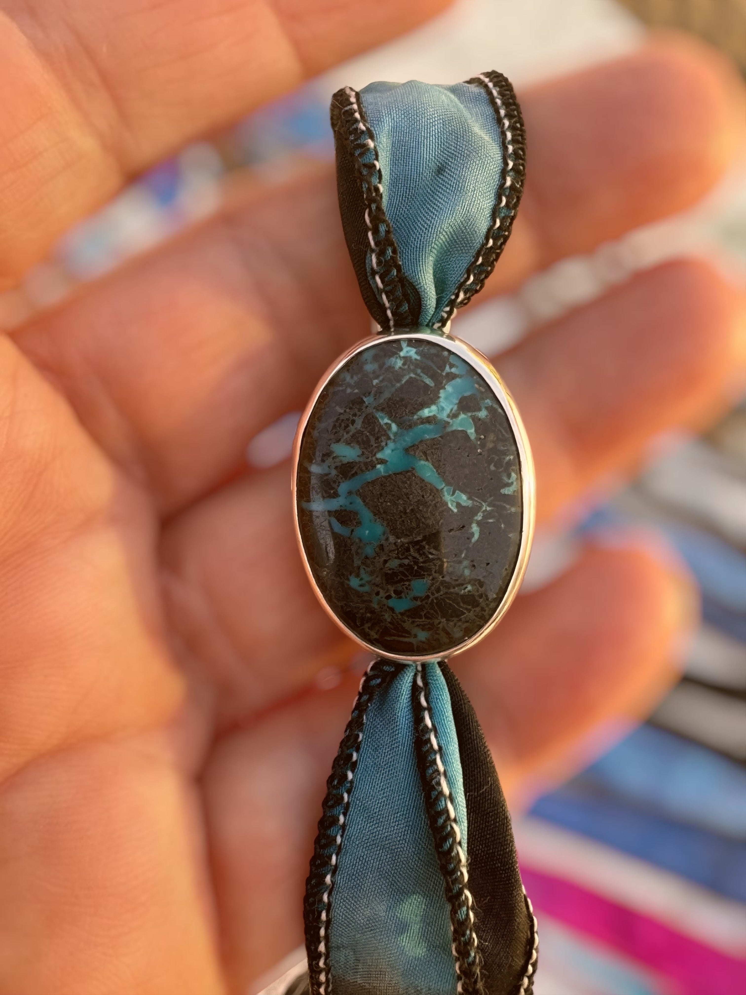 Handmade Stone & Silk Wrap | Sterling Silver Handmade Multiway Choker Bolo