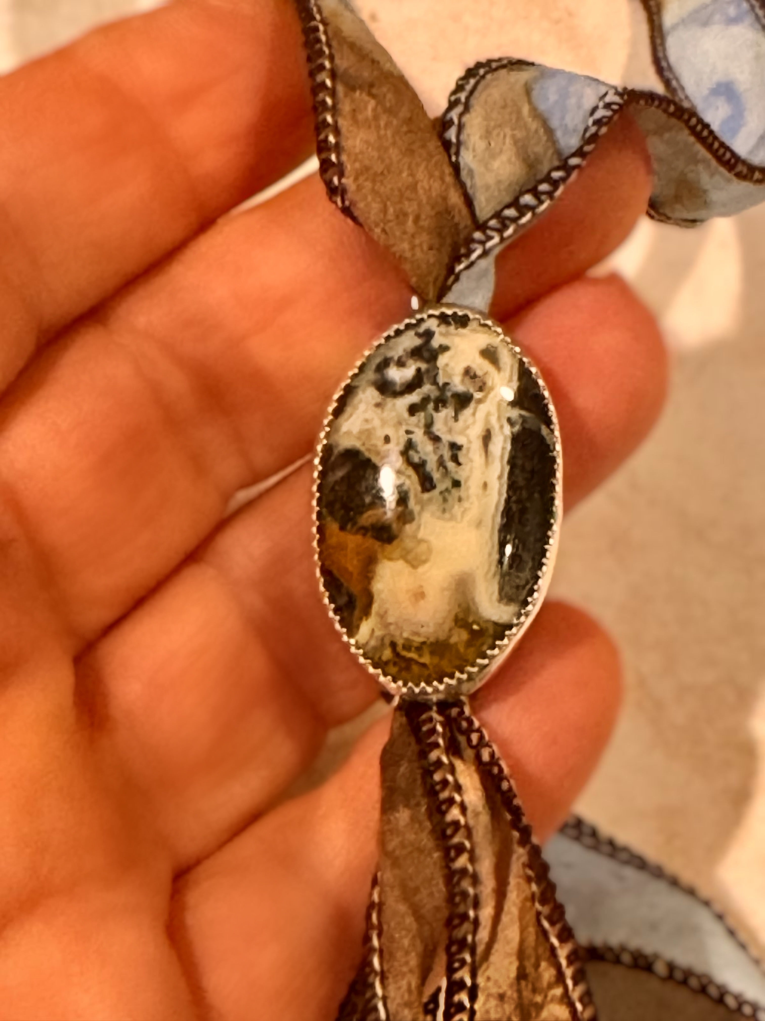 Handmade Stone & Silk Wrap | Sterling Silver Handmade Multiway Choker Bolo