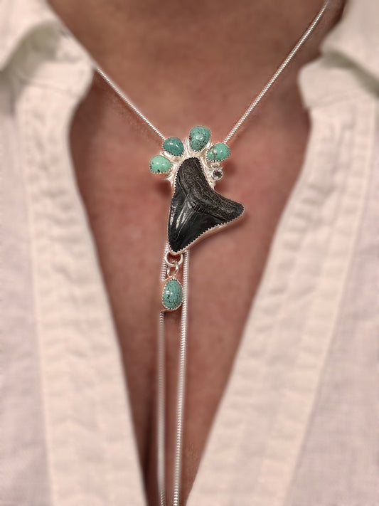 Megalodon Tooth, Turquoise & Sapphire Bolo Necklace (One of a Kind) | Sterling and Fine Silver Statement Necklace | Abysskeeper