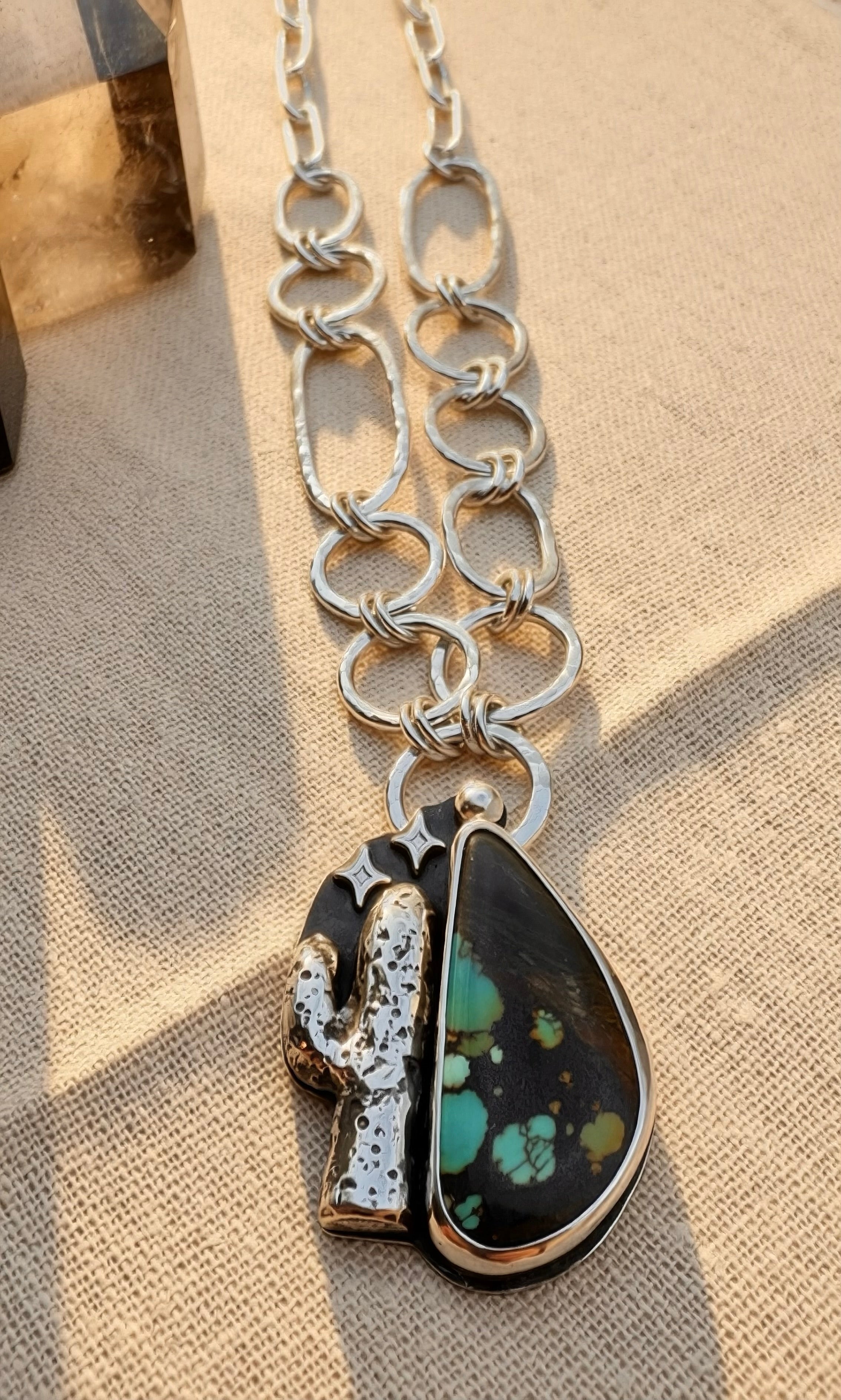 One-of-a-kind desert-inspired necklace with sand-cast saguaro and turquoise