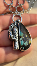 Hand-carved saguaro cactus pendant with rare Hubei turquoise stone in sterling silver