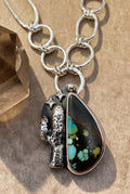 Hand-carved saguaro cactus pendant with rare Hubei turquoise stone in sterling silver