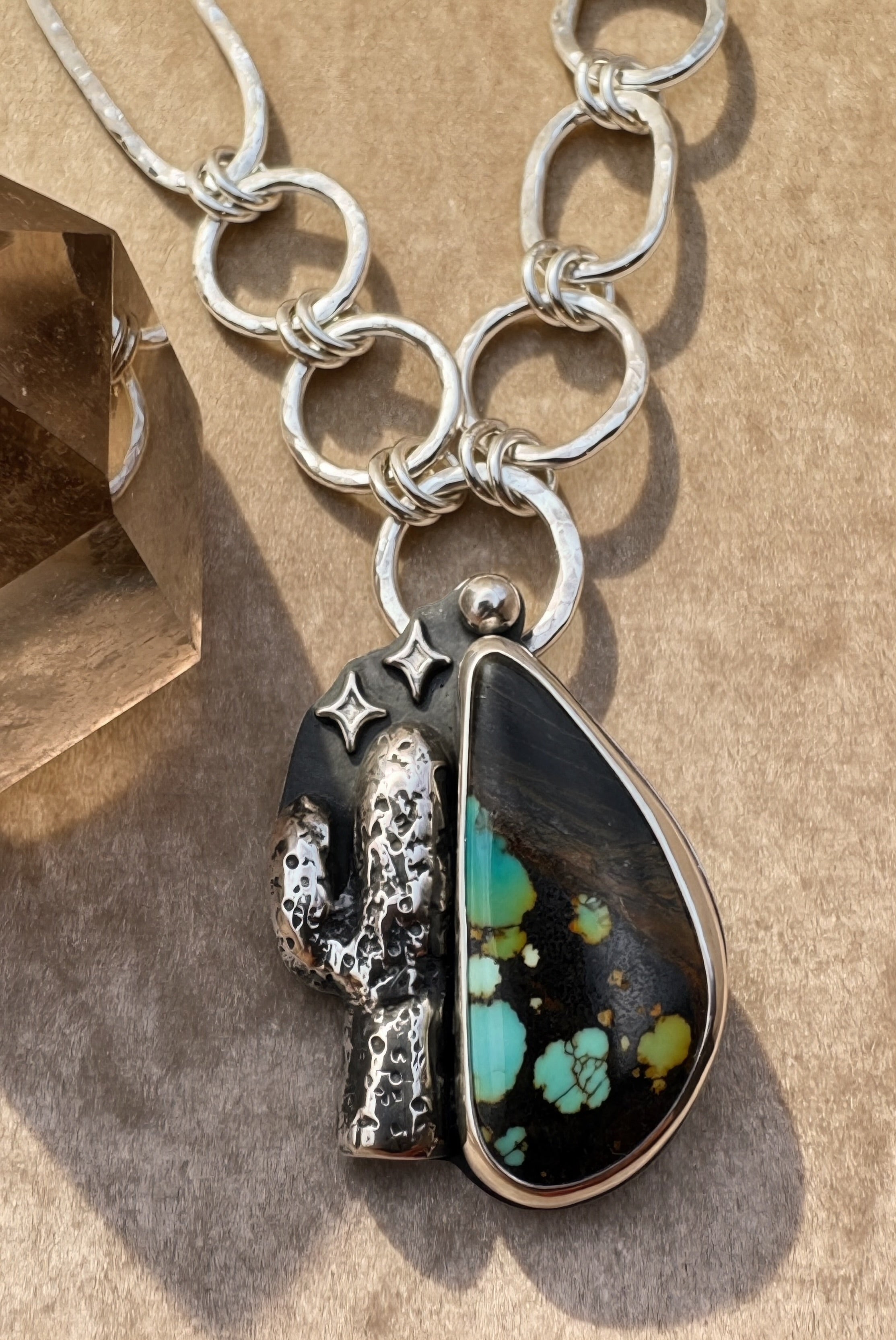 Hand-carved saguaro cactus pendant with rare Hubei turquoise stone in sterling silver