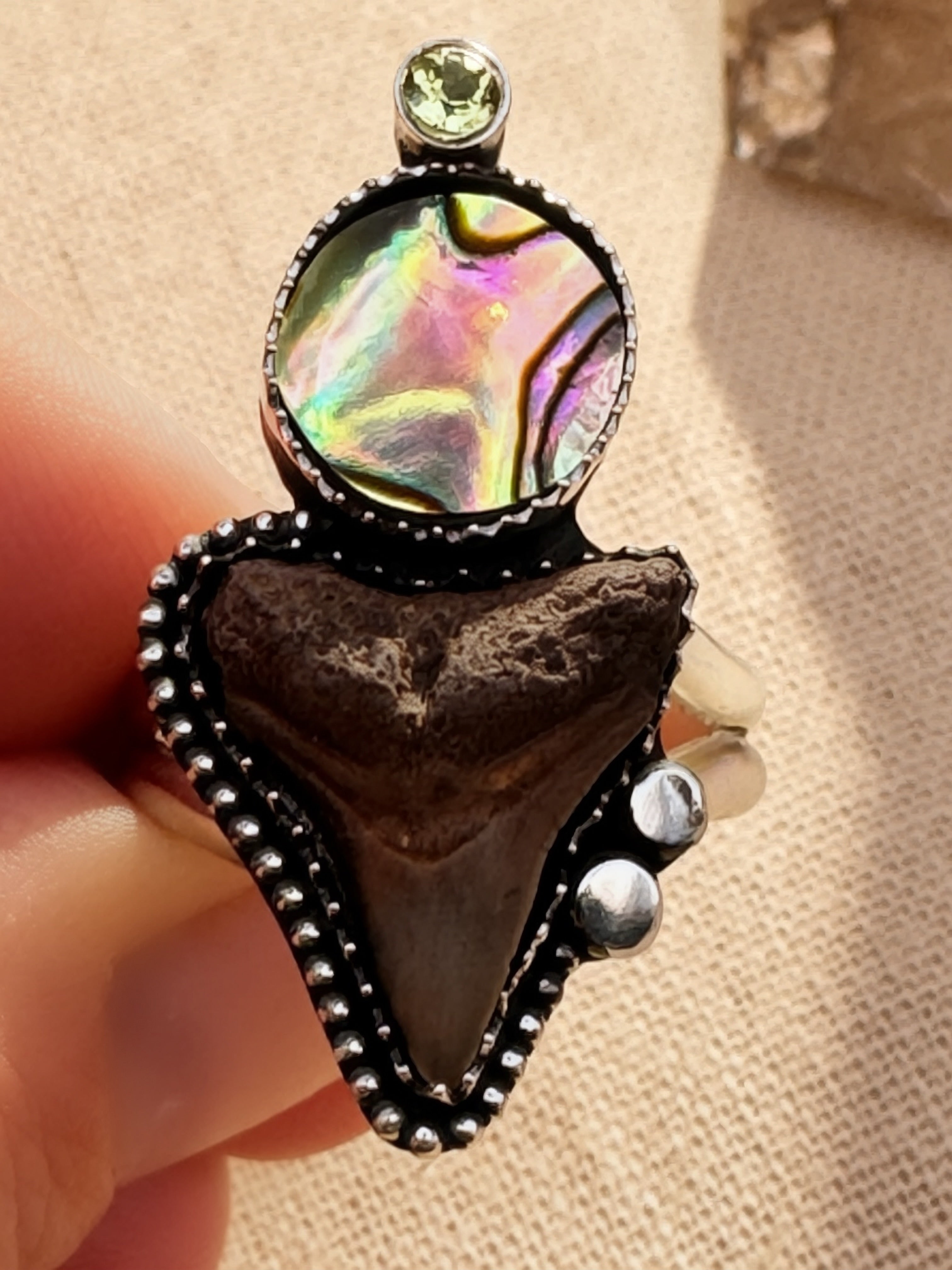 Shark tooth ring with abalone, peridot and silver accents held by a hand on a beige background