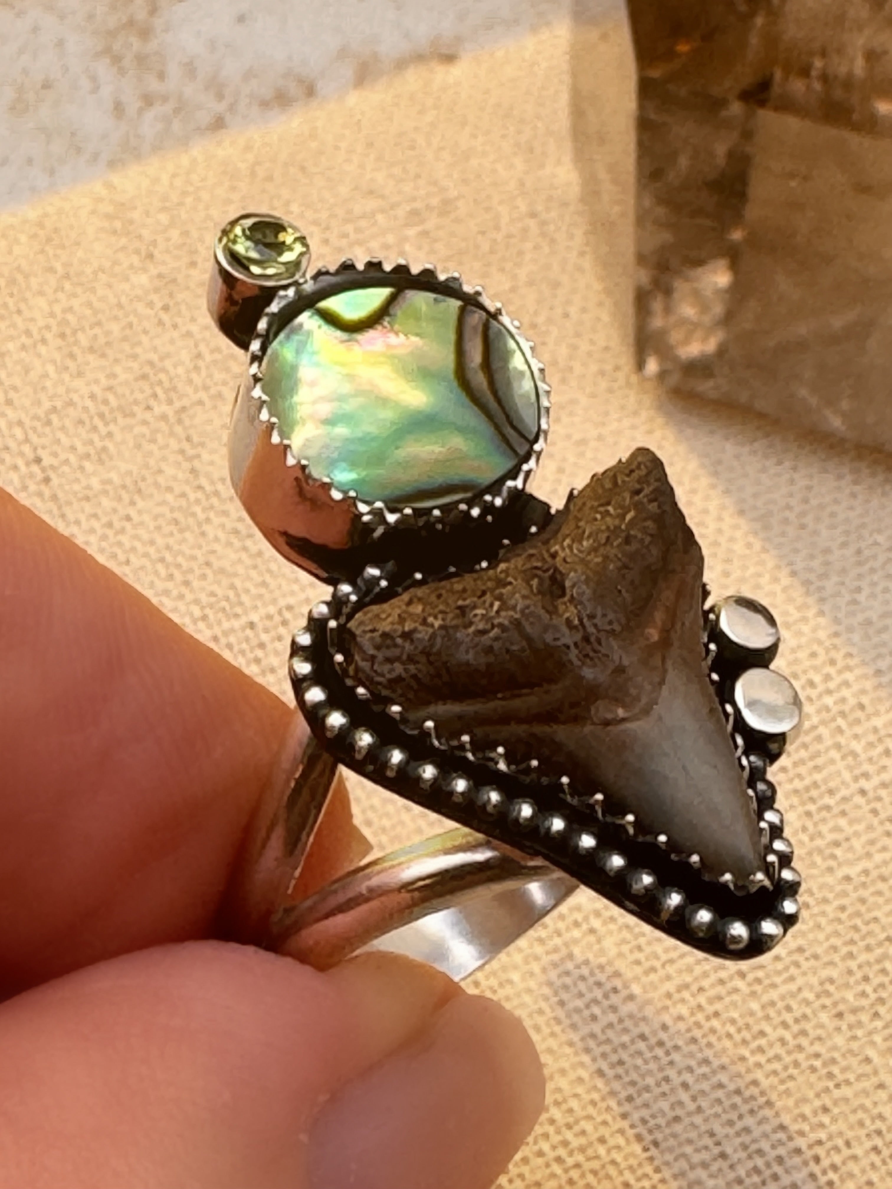 Shark tooth ring with abalone, peridot and silver accents held by a hand on a beige background