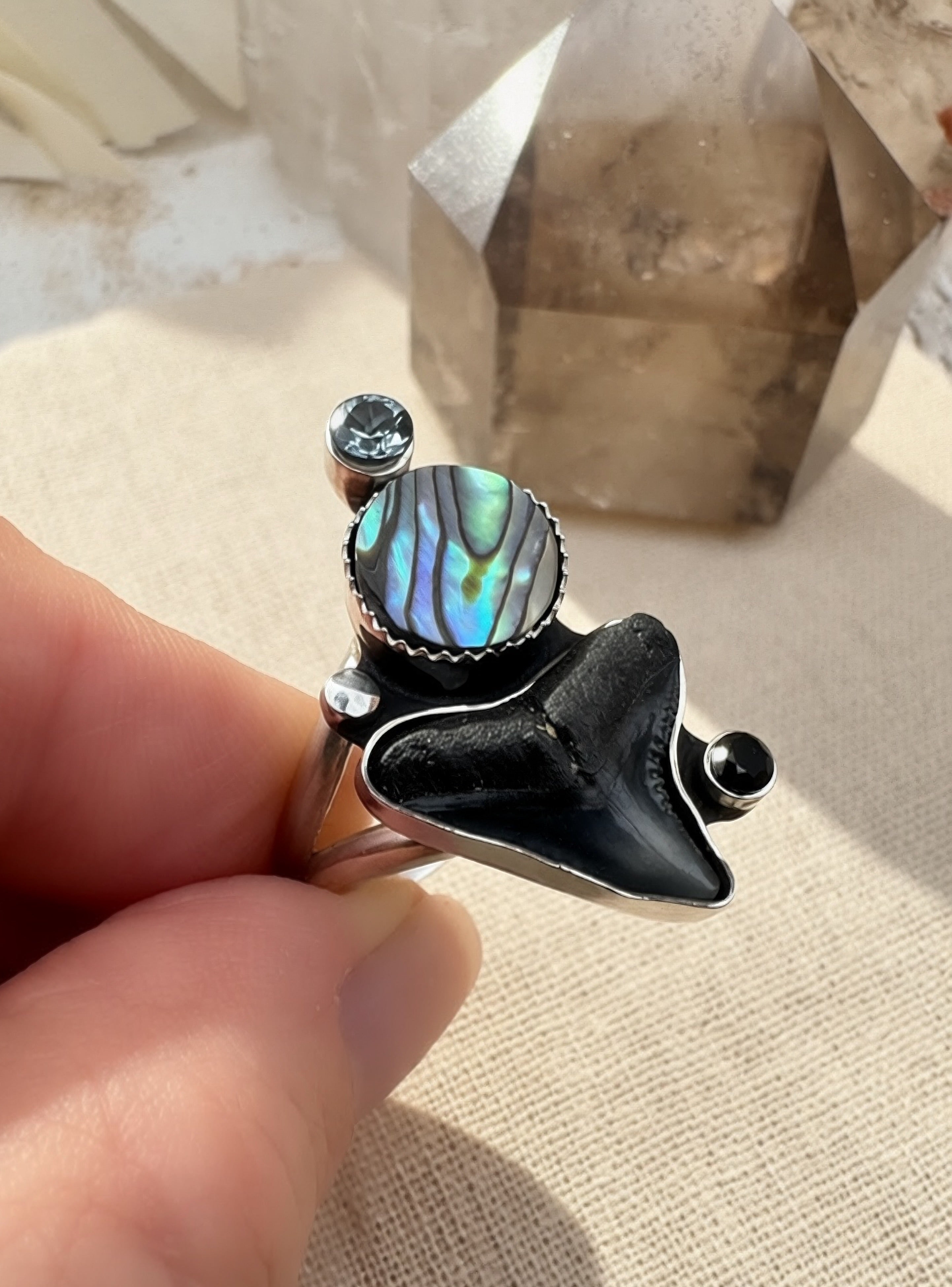 Abalone, Shark Tooth & Spinel | Silver Statement Ring