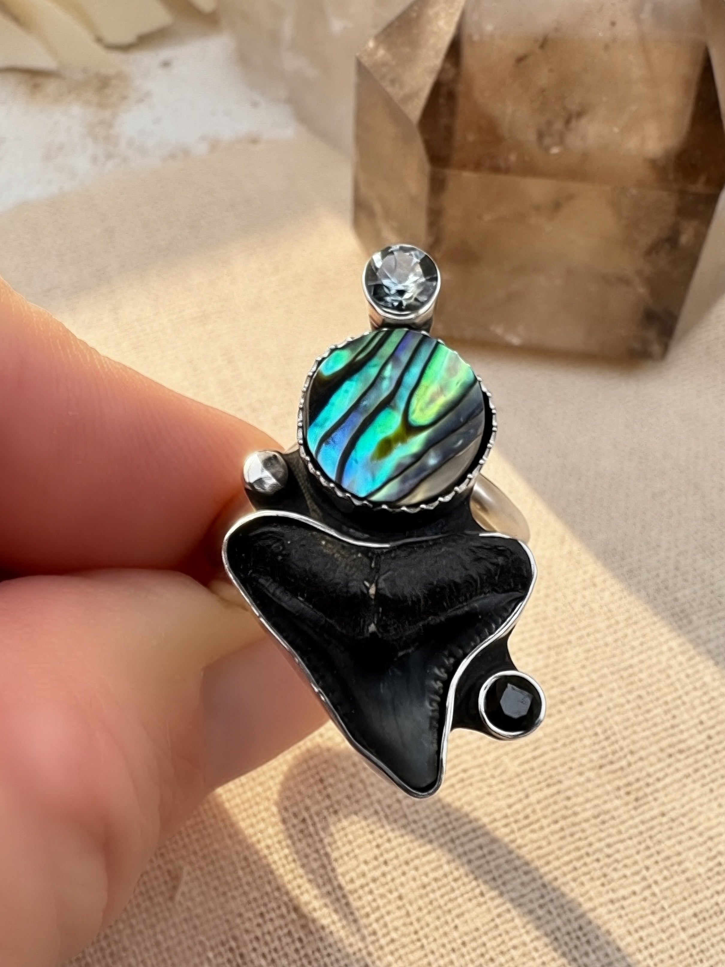Abalone, Shark Tooth & Spinel | Silver Statement Ring