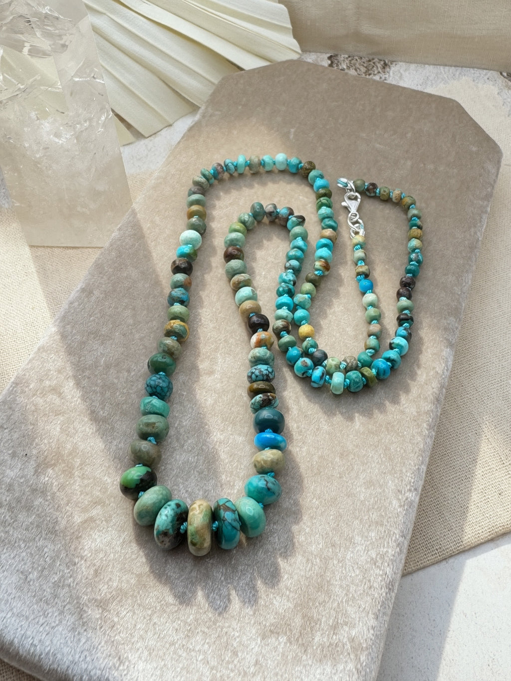 Hand knotted natural turquoise bead necklace with matrix, sterling silver clasp, Sun Salt Silver