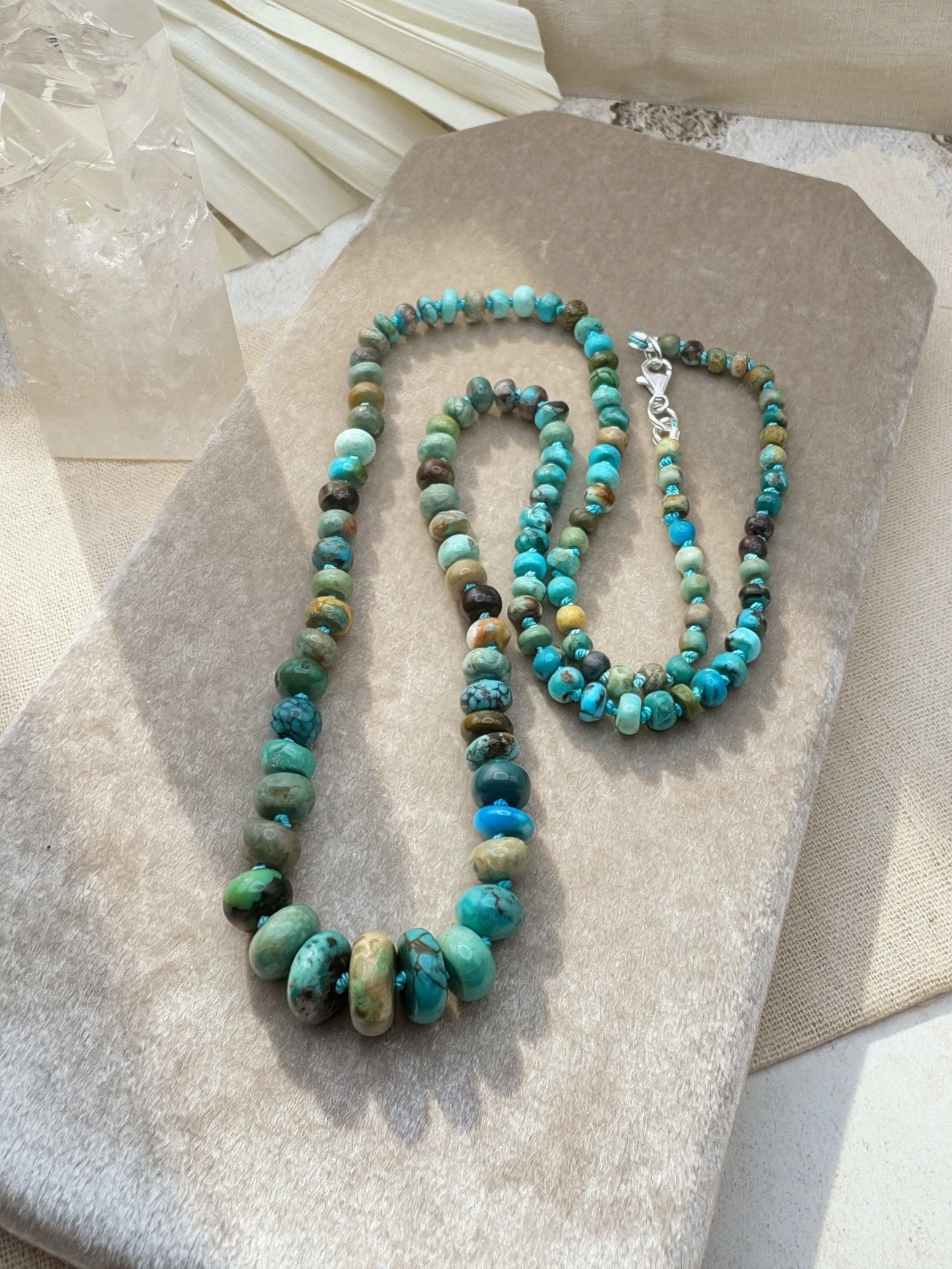 Hand knotted natural turquoise bead necklace with matrix, sterling silver clasp, Sun Salt Silver
