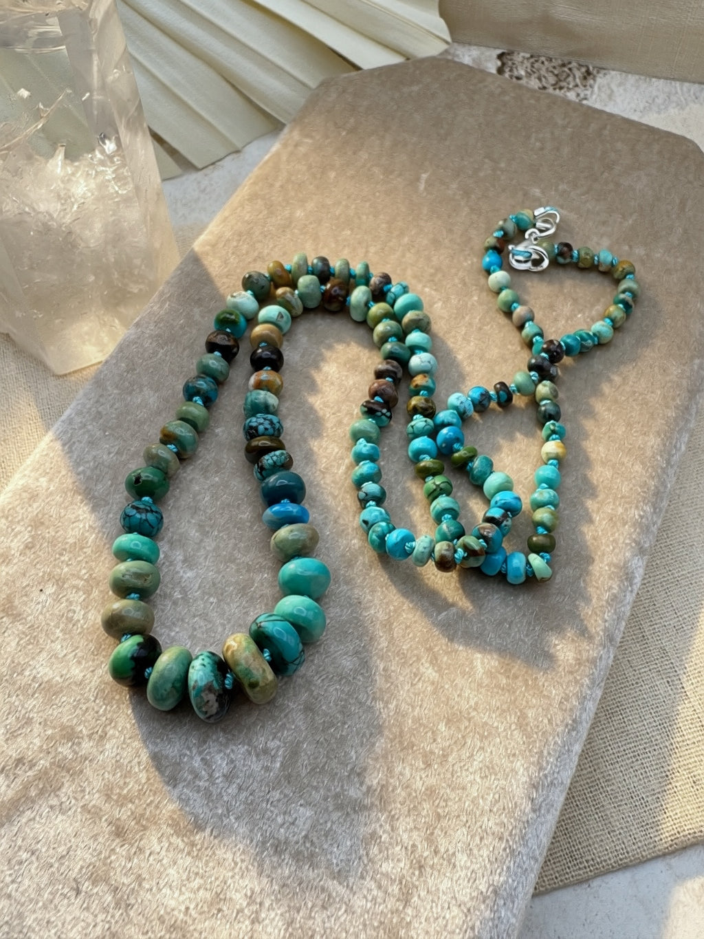 Graduated turquoise bead necklace on hand dyed silk thread, 22.75 inches, one of a kind