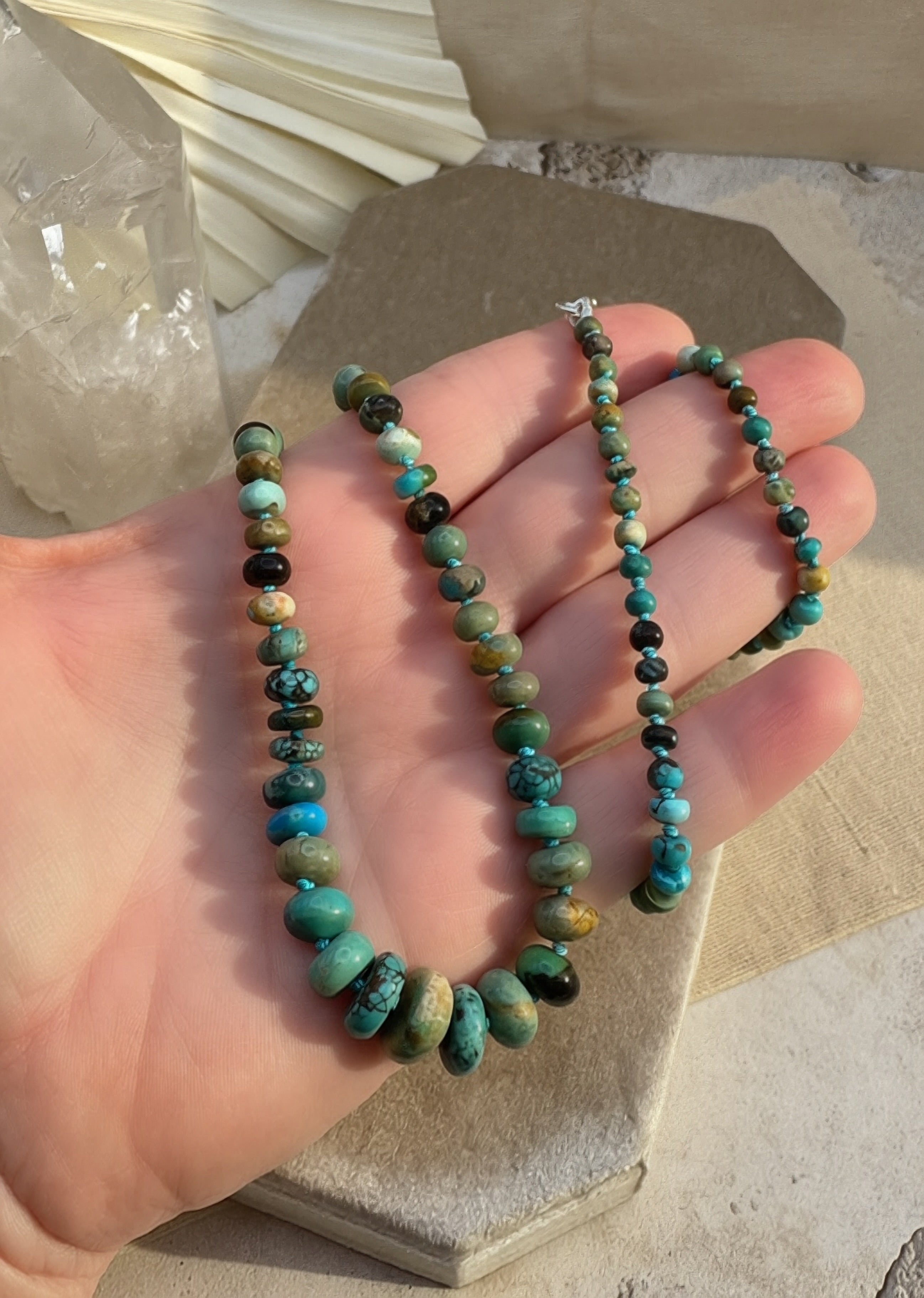Graduated turquoise bead necklace on hand dyed silk thread, 22.75 inches, one of a kind