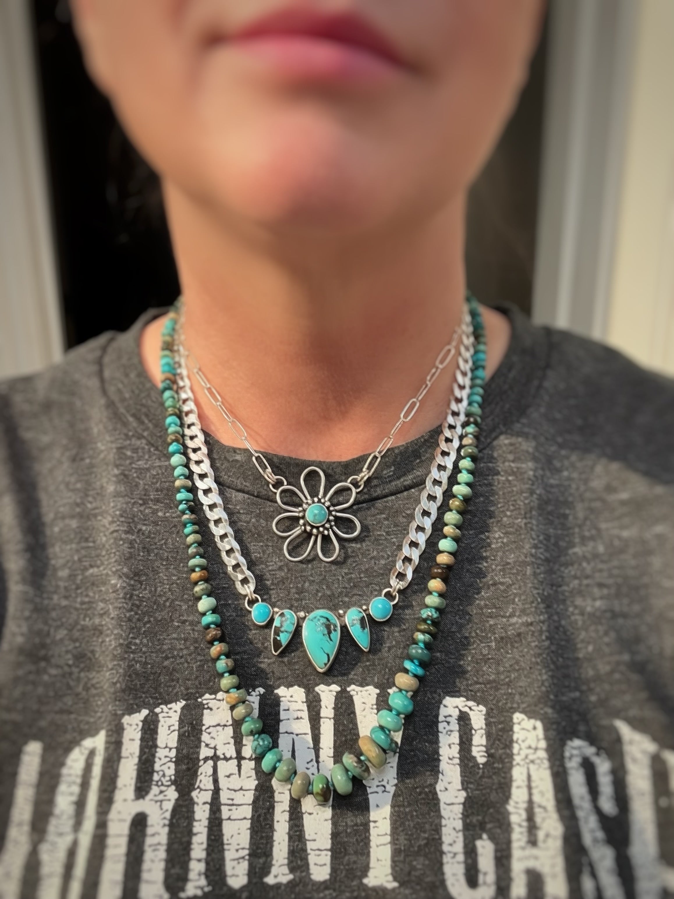 Graduated turquoise bead necklace on hand dyed silk thread, 22.75 inches, one of a kind - worn with other silver necklaces as a stack.