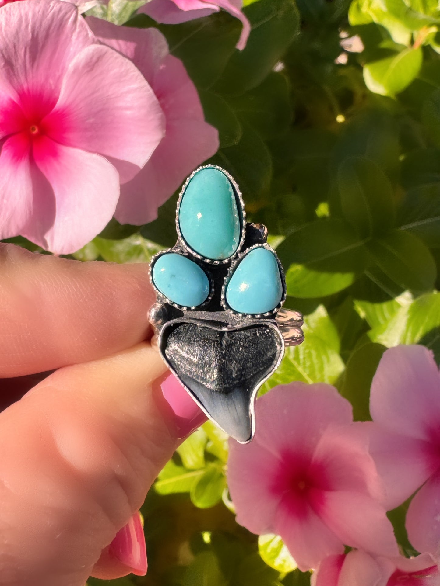 Turquoise and shark tooth ring held in front of pink flowers